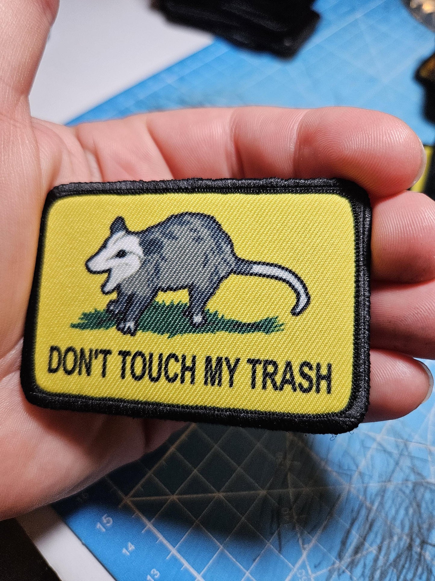 Don't touch my trash possum joke Gadsden flag meme  2"x3" removable morale patch with hook and loop backing