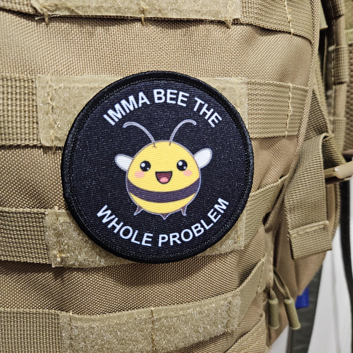 Imma bee the whole problem cute bee meme 3" circle removable morale patch with hook and loop backing