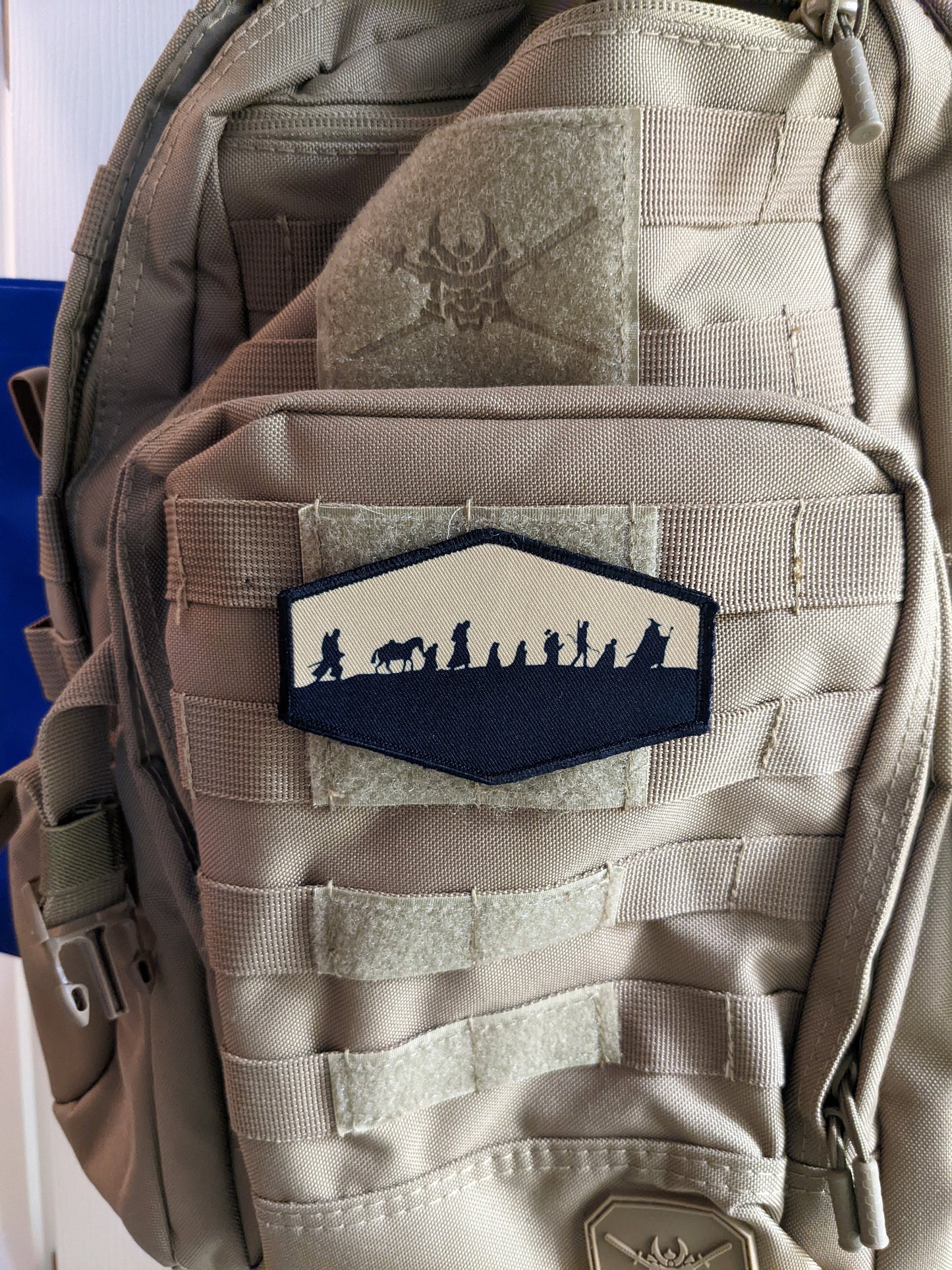 Lotr fellowship silhouette fantasy tan 4"x2.5" hexagon morale patch with hook and loop backing