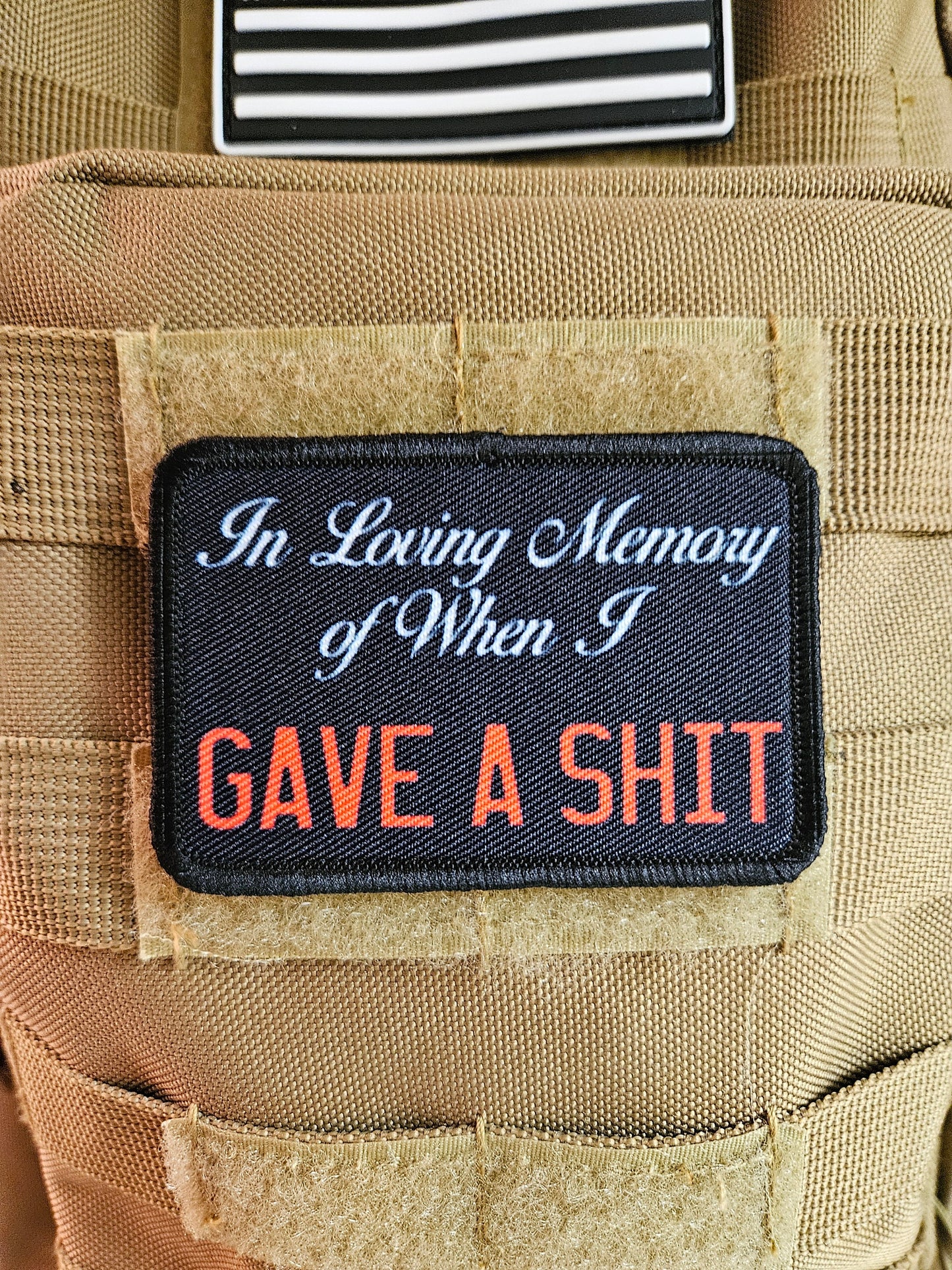 In loving memory of when i gave a shit meme 2"x3" removable morale patch with hook and loop backing