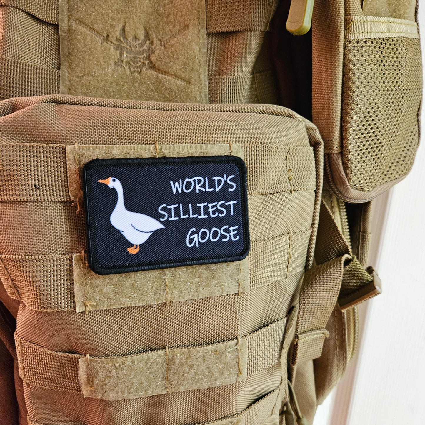 World's silliest goose meme funny  2"x3" morale patch with hook and loop backing