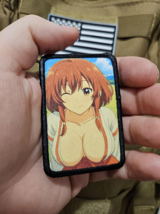 Sexy Anime girl ginger hair big boobs waifu 2"x3"  removable morale patch with hook and loop backing