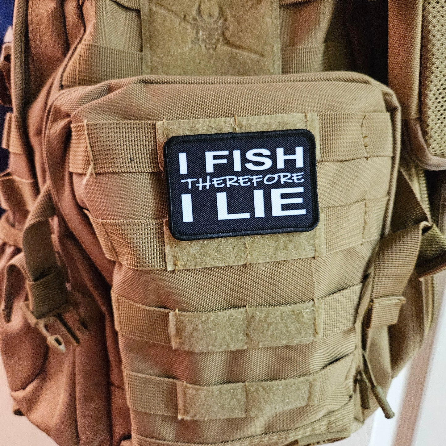 I fish therefore I lie meme funny  2"x3" morale patch with hook and loop backing