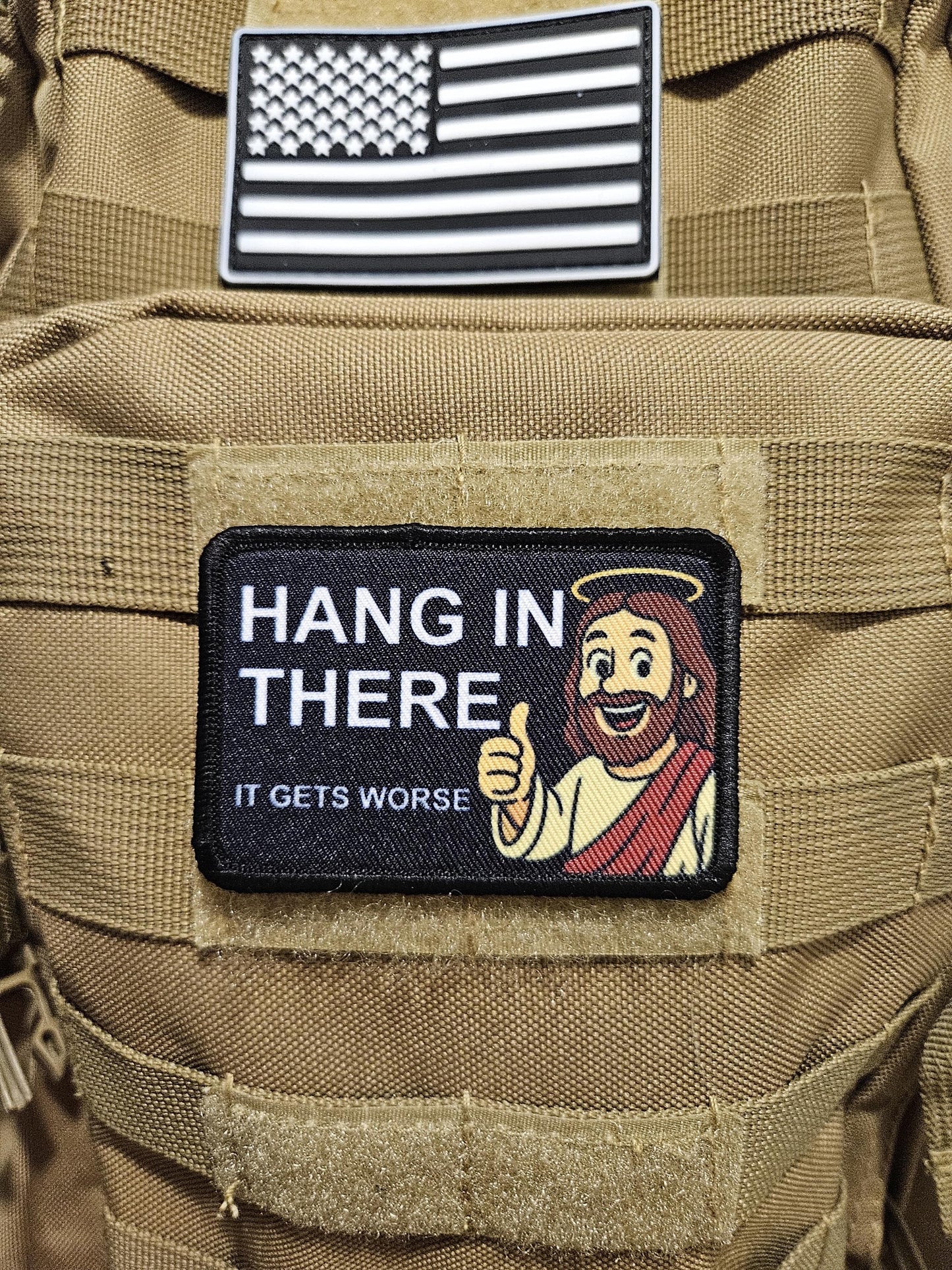 Jesus hang in there it gets worse meme 2"x3" removable morale patch with hook and loop backing black and white