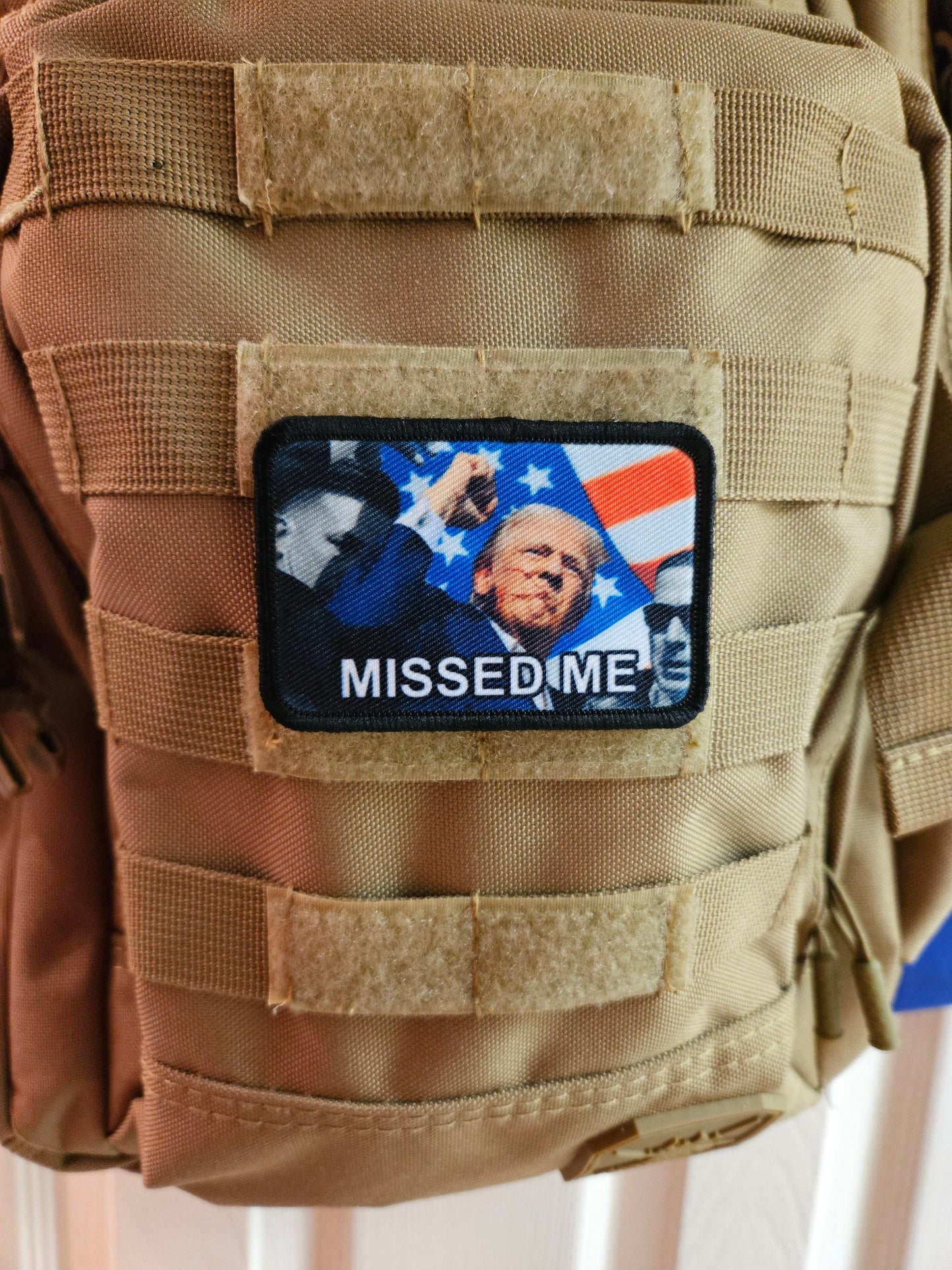 trump survived Flag background fist in the air missed me  2"x3" morale patch with hook and loop backing military joke meme
