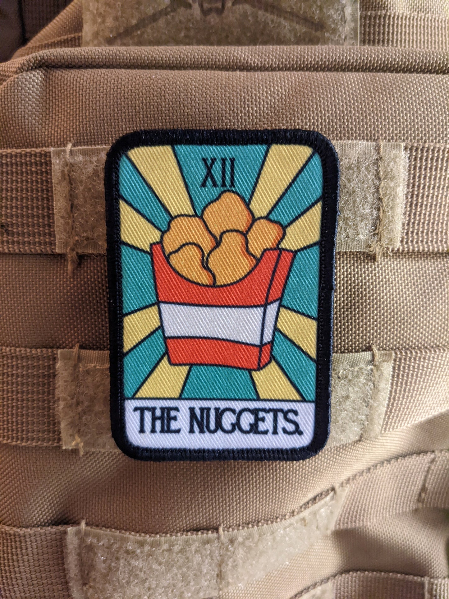 the NUGGETS tendies tarot card funny cute  2"x3" morale patch with hook and loop backing education