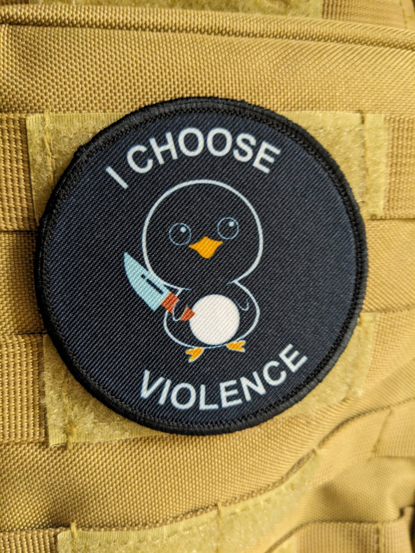 Cute penguin I choose violence meme 3" circle removable morale patch with hook and loop backing
