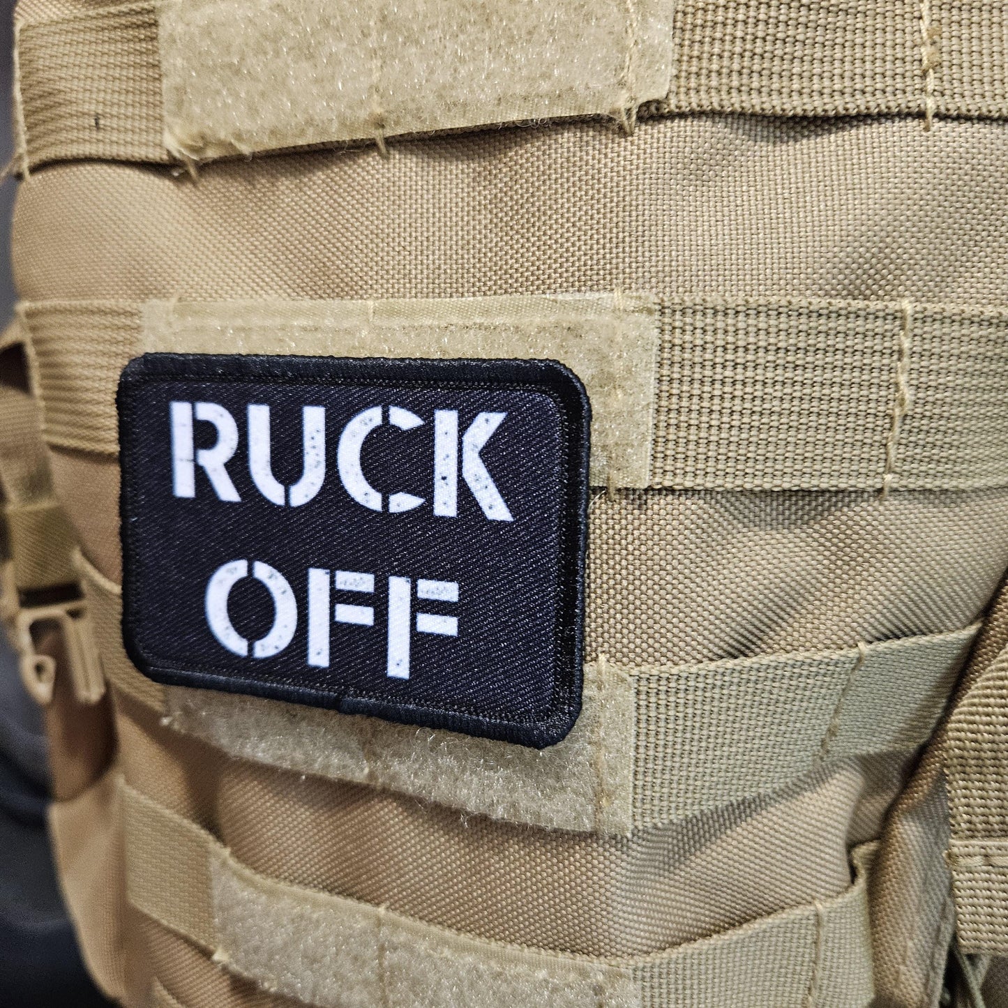 Ruck off rucksack joke removable patch 2"x3" morale patch with hook and loop backing BW