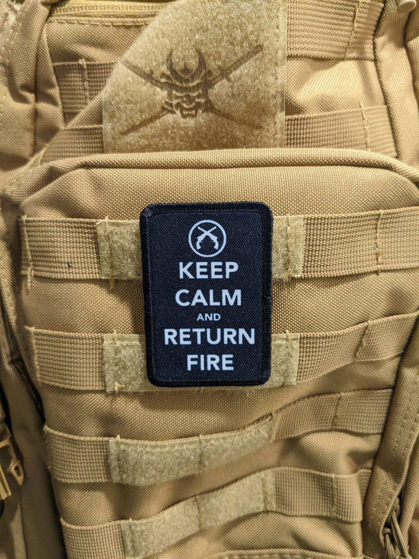 Keep calm and return fire 2nd amendment meme 2"x3" morale patch with hook and loop backing