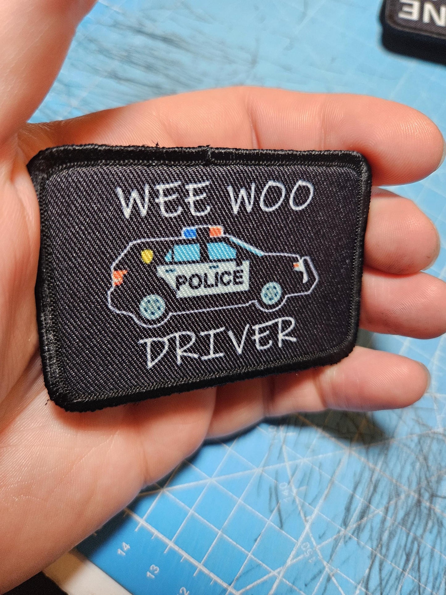 Wee woo driver police SUV driver funny 2"x3" removable morale patch with hook and loop backing