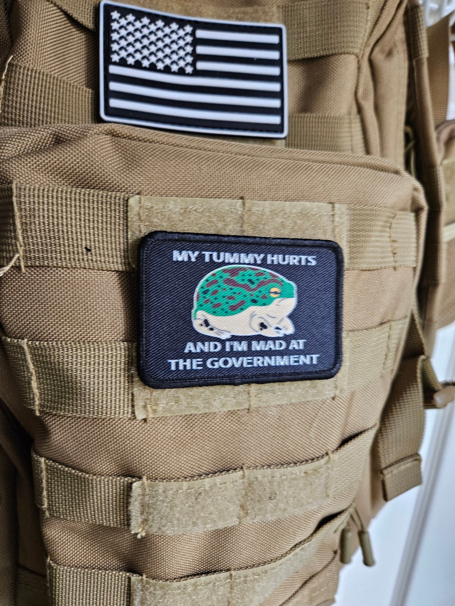 My tummy hurts and im mad at the government frog meme 2"x3" removable morale patch with hook and loop backing