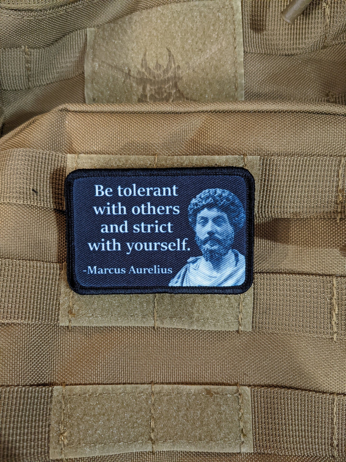 Marcus Aurelius be tolerant with others and strict with yourself Stoic removable patch 2"x3" morale patch with hook and loop backing