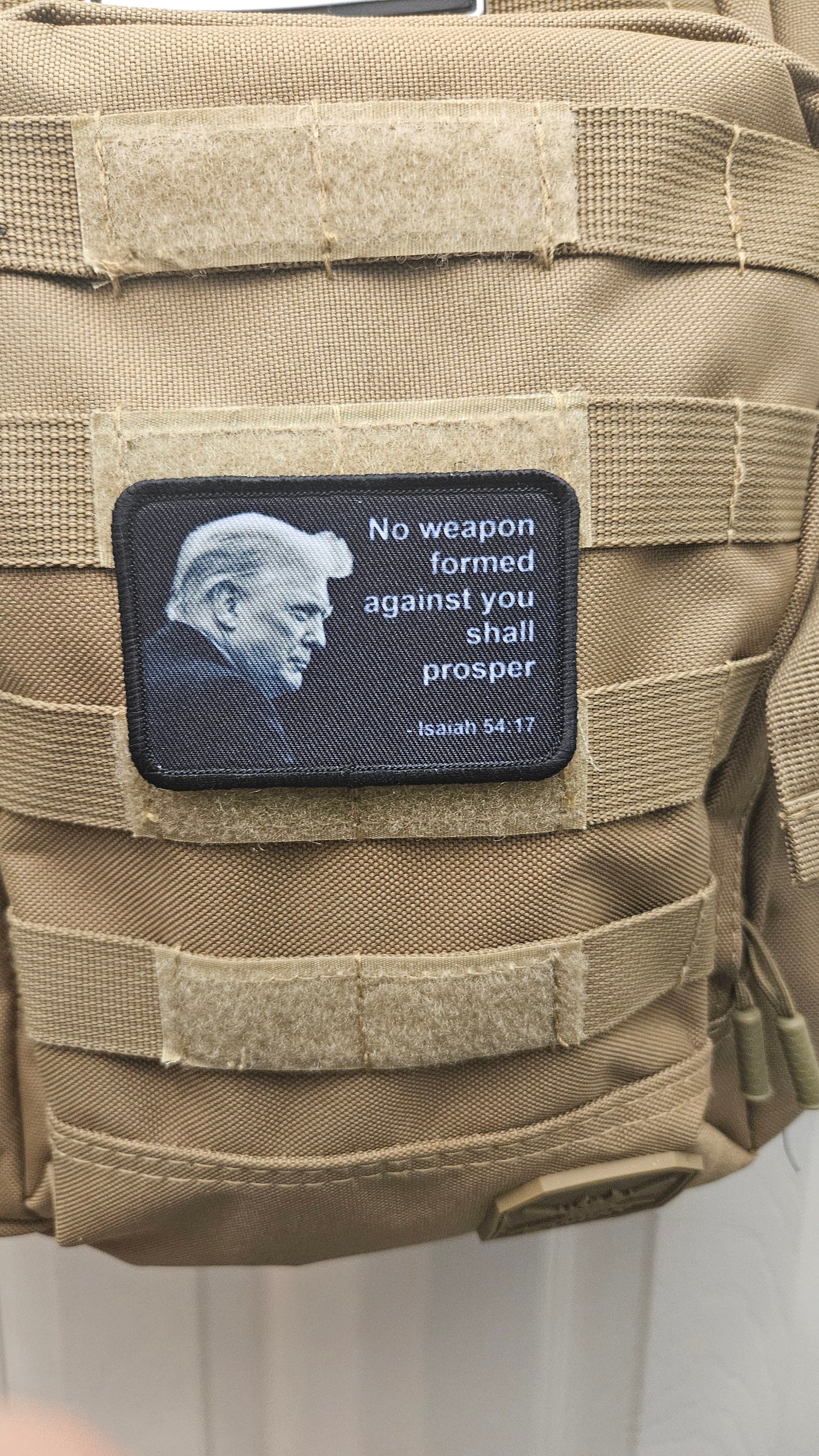Isaiah 54:17 no weapon formed against me Don version bible verse  2"x3" morale patch with hook and loop backing