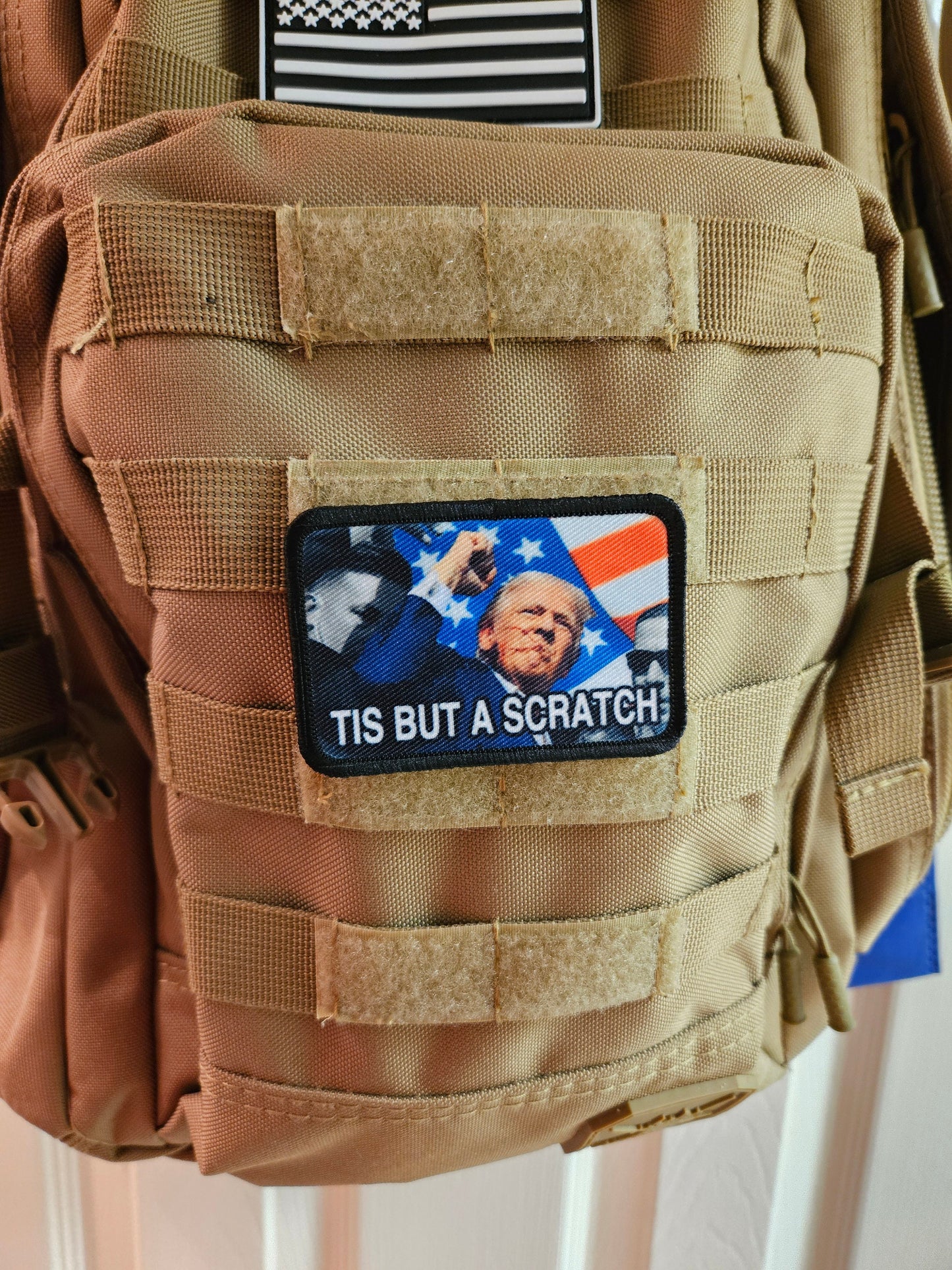donald fist in the air tis but a scratch 2"x3" morale patch with hook and loop backing military joke meme