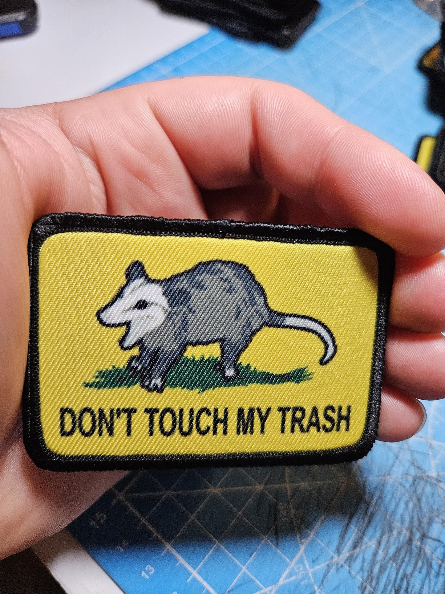Don't touch my trash possum joke Gadsden flag meme  2"x3" removable morale patch with hook and loop backing