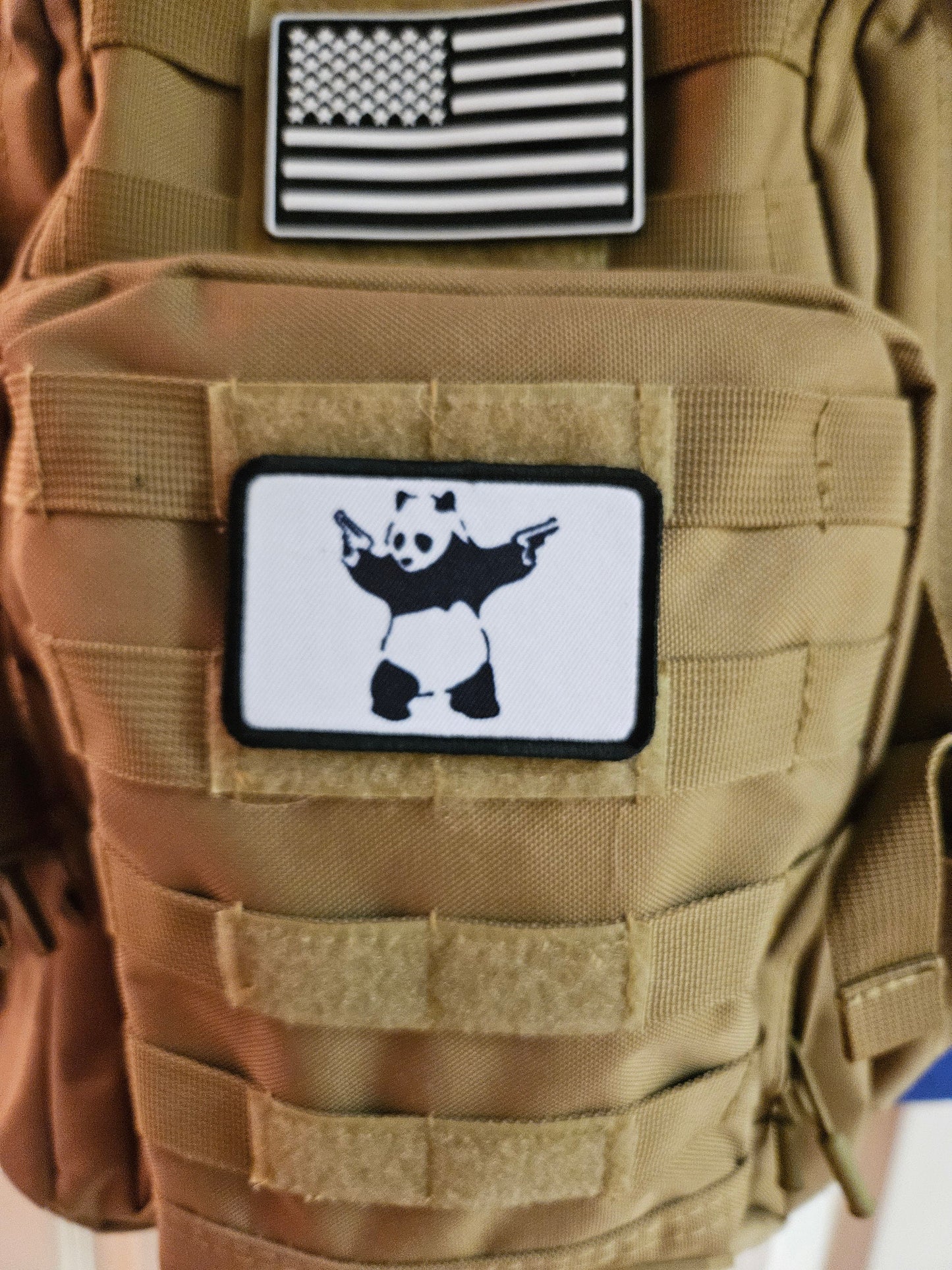 Pew pew panda meme 2"x3" removable morale patch with hook and loop backing