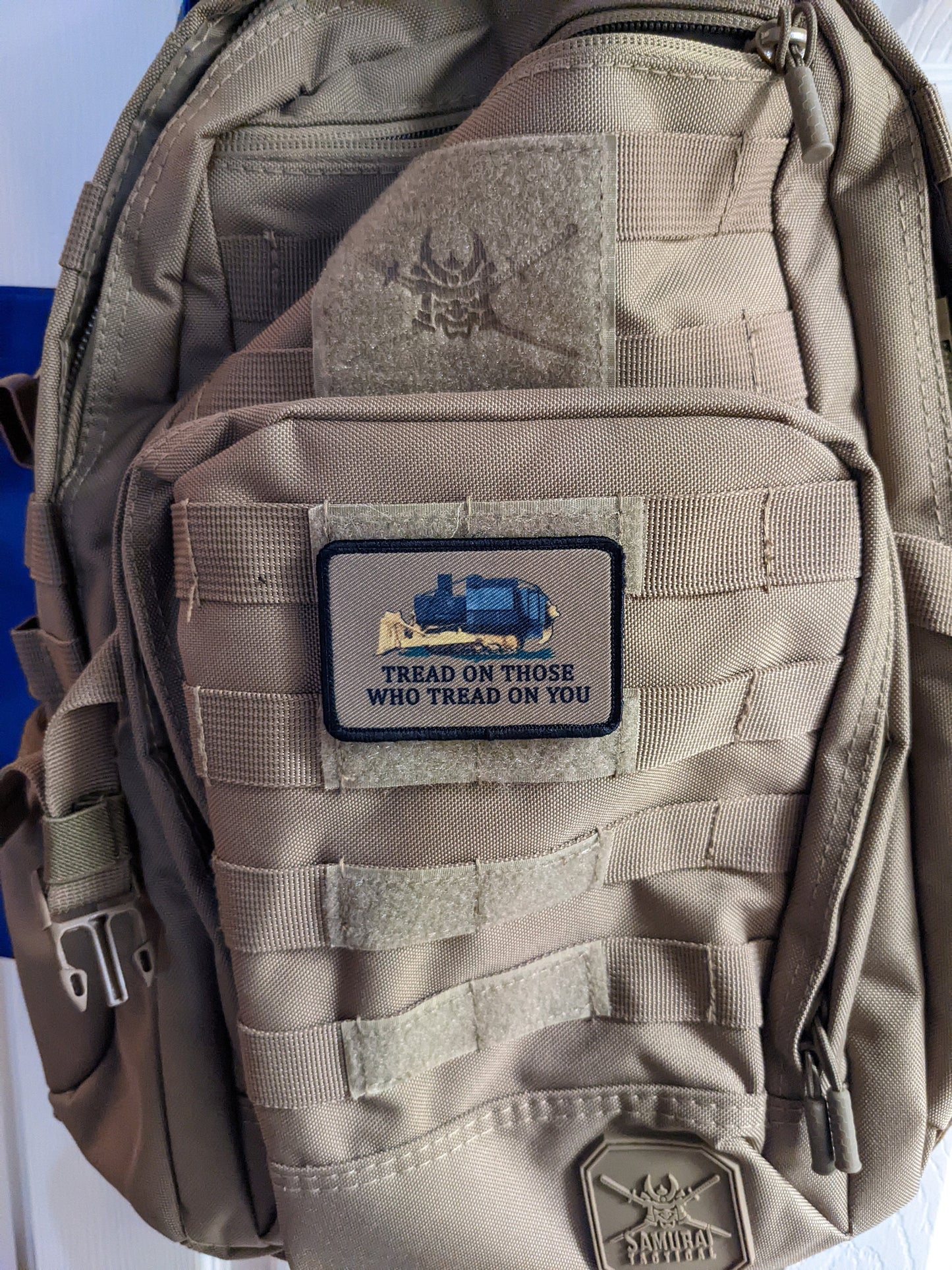 Coyote brown Killdozer tread on those who tread on you Gadsden flag meme  2"x3" removable morale patch with hook and loop backing