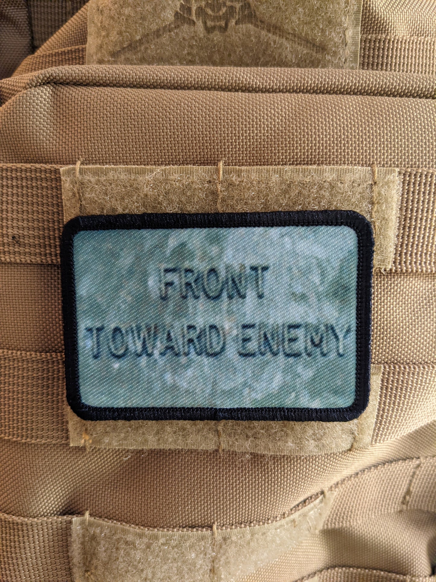 Claymore mine front towards enemy  military tactical 2"x3" removable morale patch with hook and loop backing