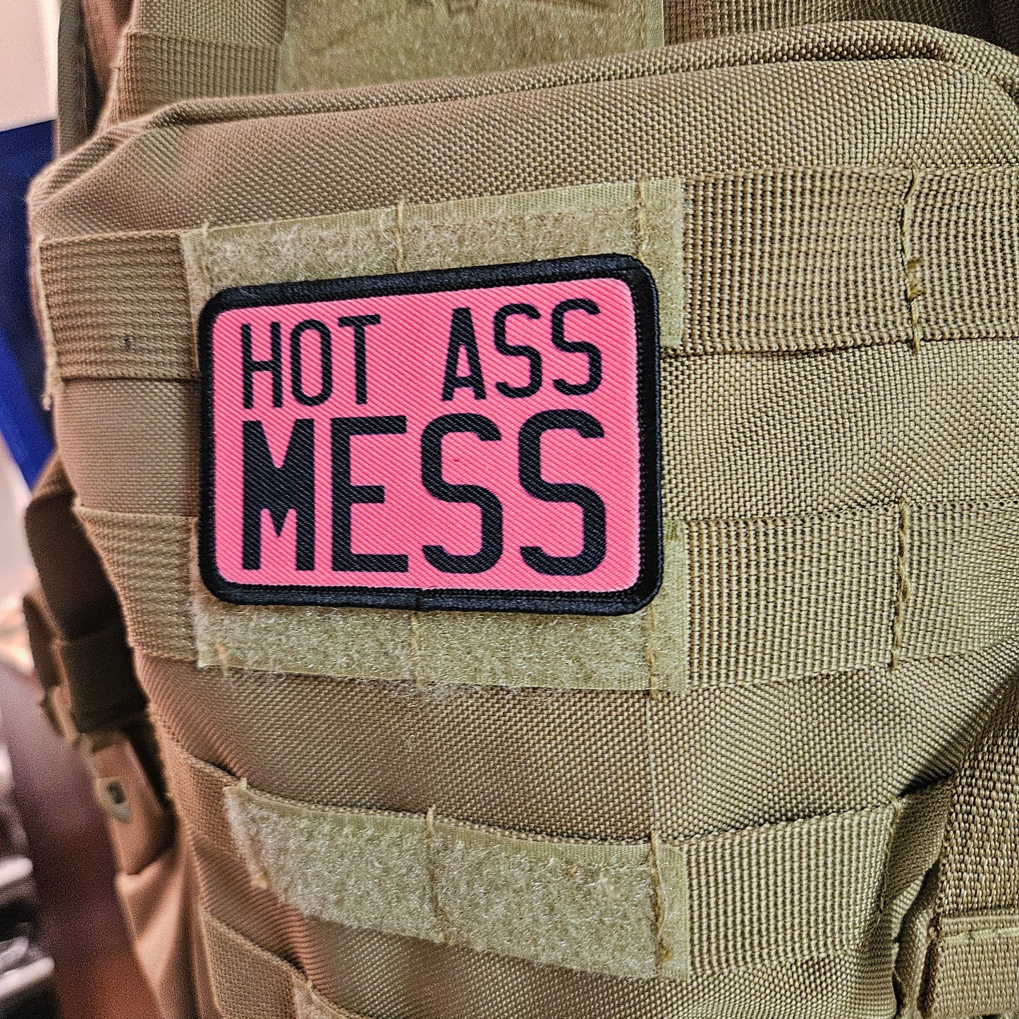 Hot mess funny meme  2"x3" removable morale patch with hook and loop backing
