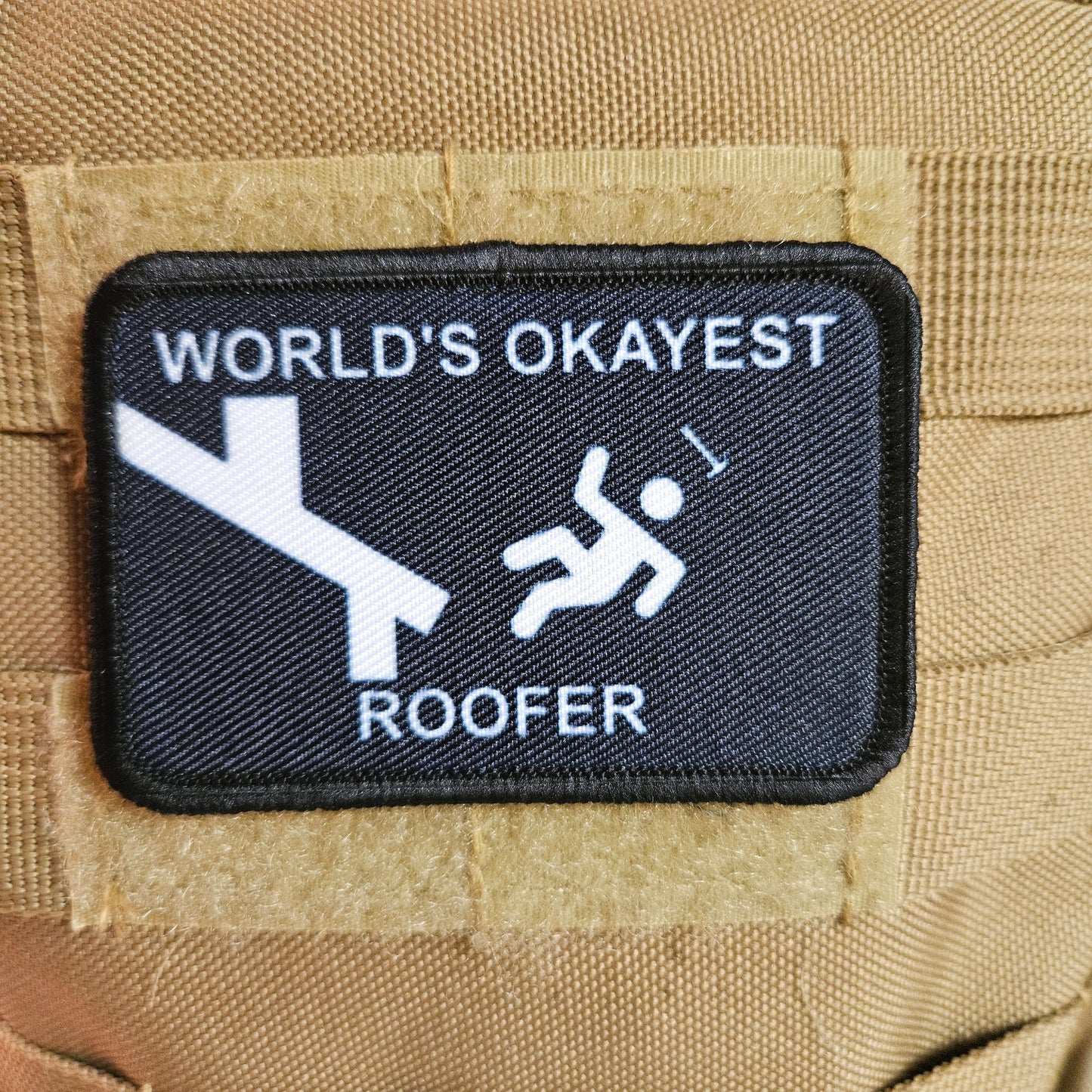 World's okayest roofer blue collar 2"x3" morale patch with hook and loop backing