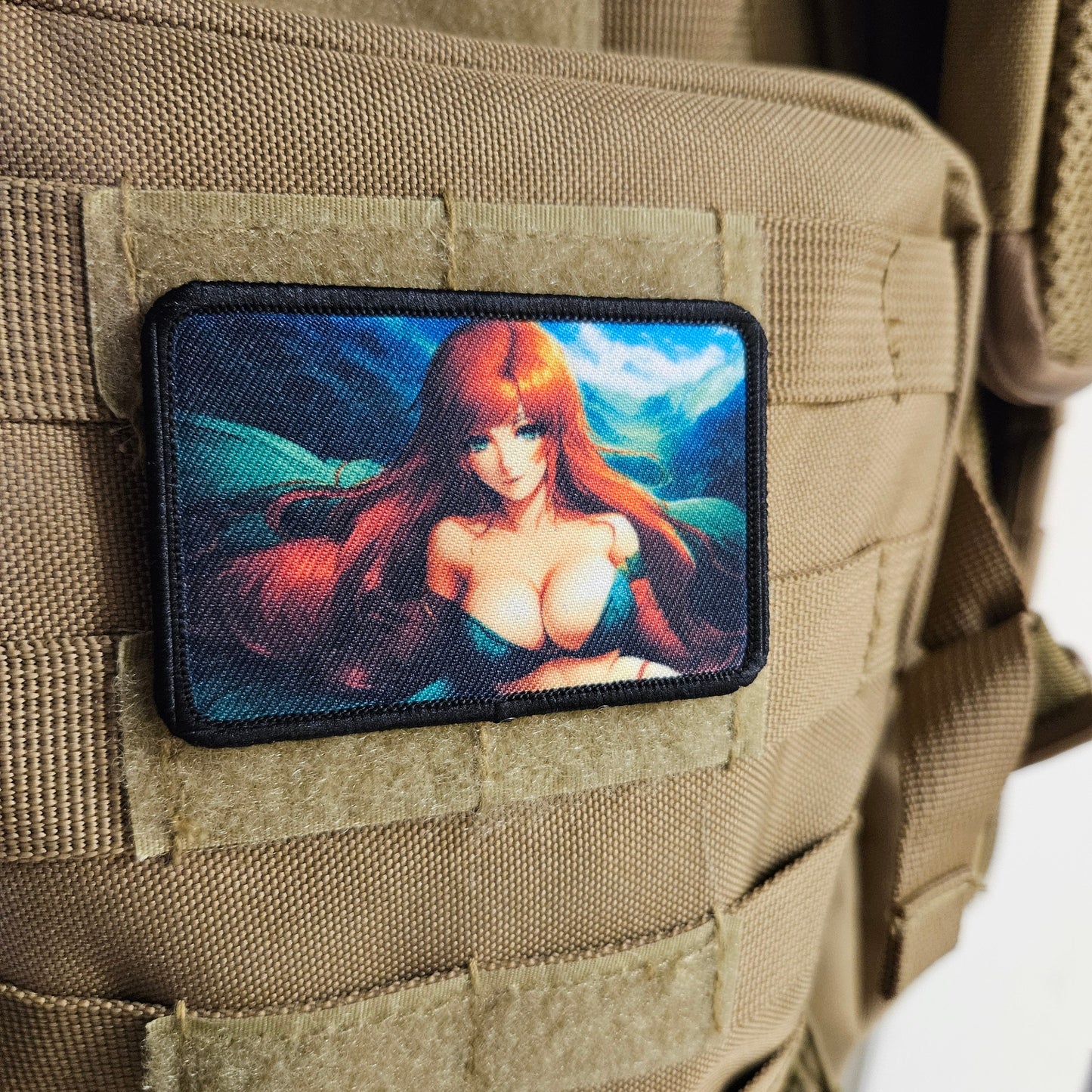 Redhead waifu Sexy Anime girl cleavage bikini 2"x3"  removable morale patch with hook and loop backing