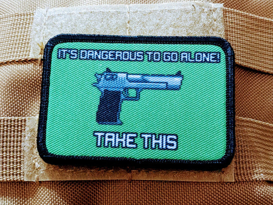 zelda its dangerous to go alone Desert Eagle meme 2nd amendment 2"x3" morale patch with hook and loop backing black