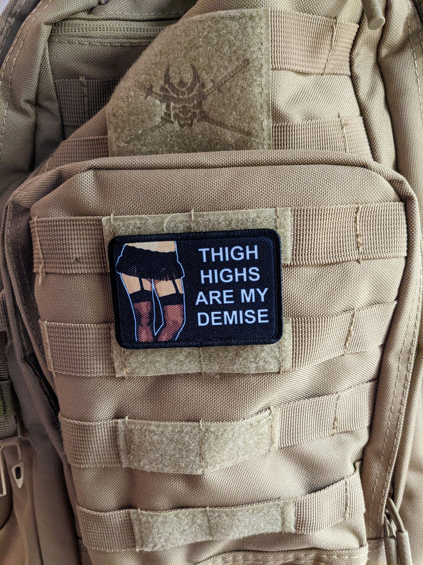 thigh Highs are my Demise meme 2"x3" removable morale patch with hook and loop backing death by snu snu