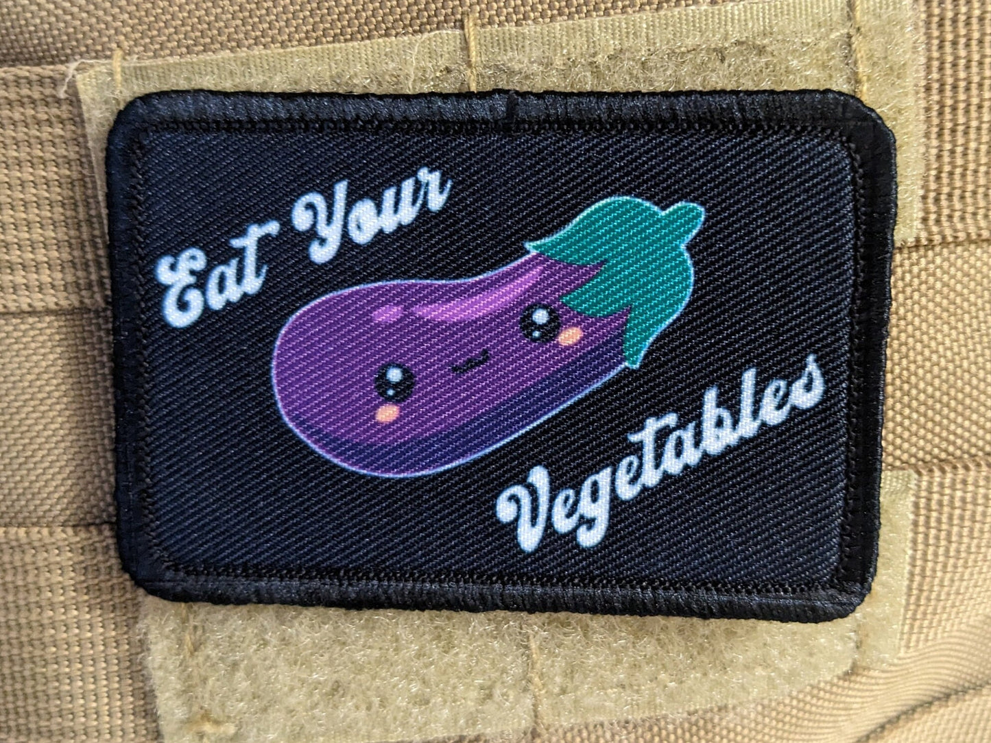 Eat your vegetables eggplant sexy funny  meme cute  2"x3" morale patch with hook and loop backing