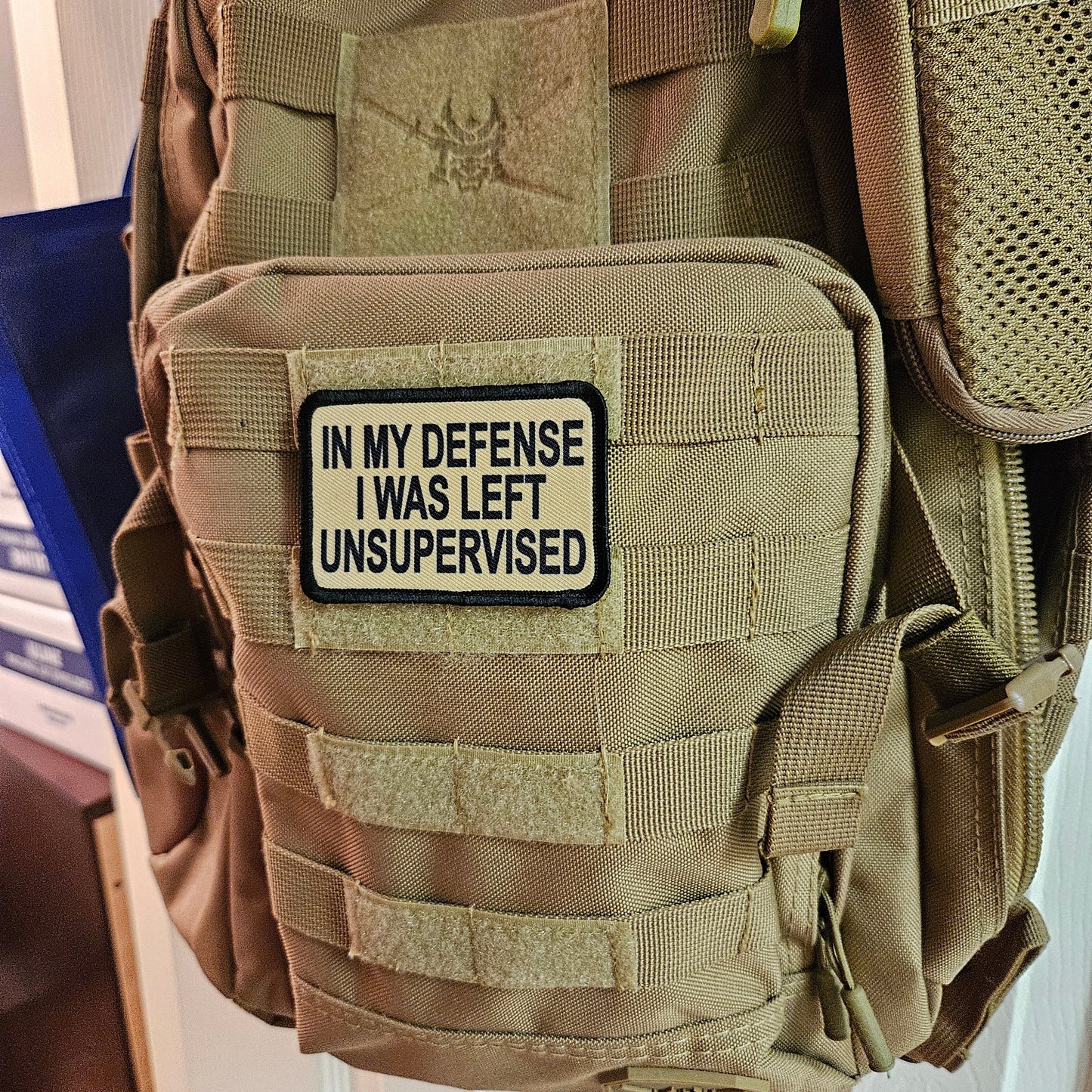 Tan In My Defense I was left Unsupervised  removable patch 2"x3" morale patch with hook and loop backing