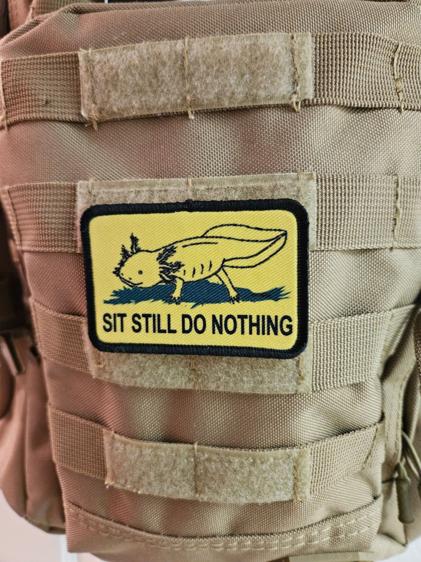 Gadsden flag parody axolotl  sit still do nothing 2"x3" morale patch with hook and loop backing
