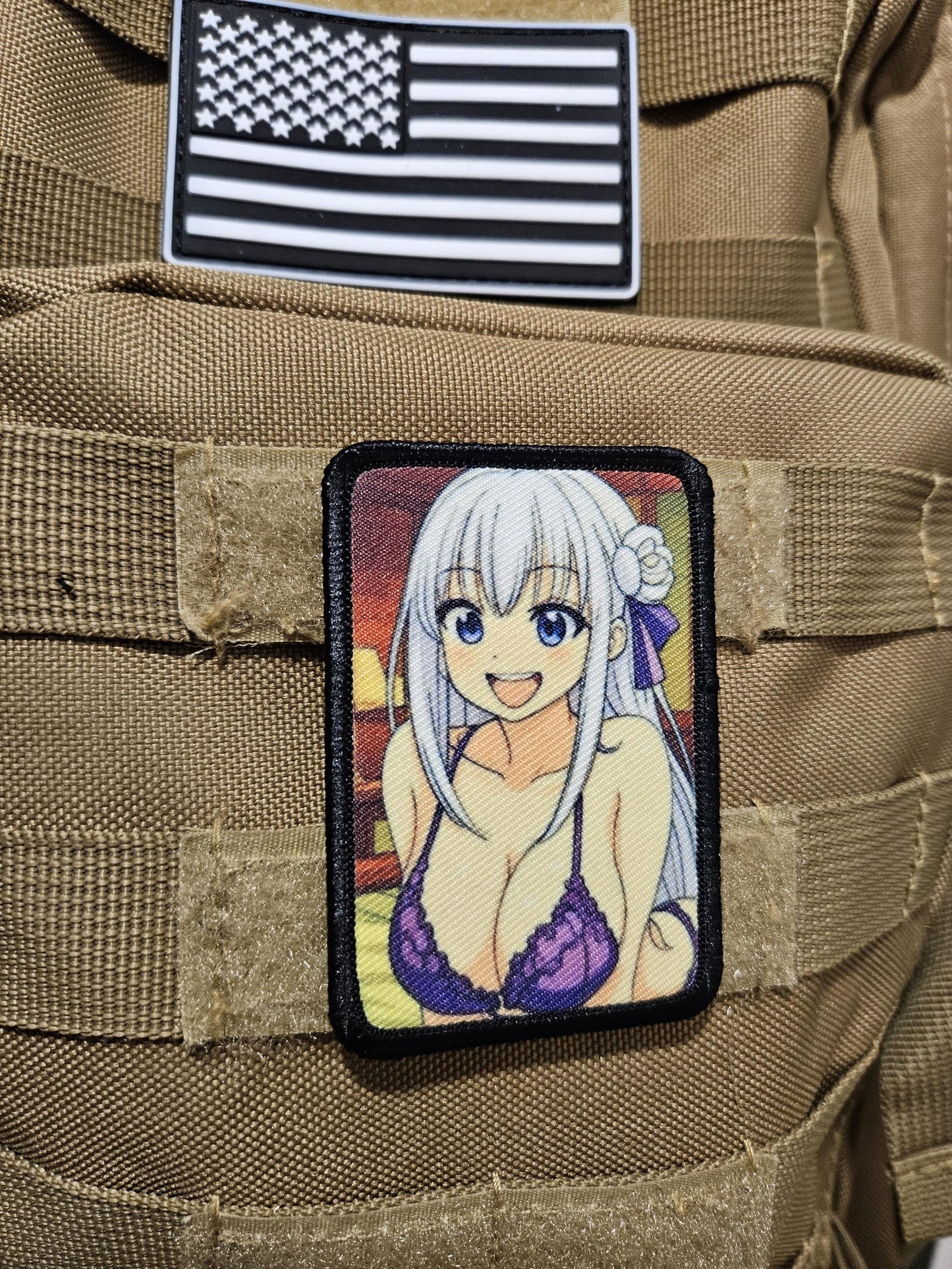 Happy Sexy Anime girl in lingerie white hair waifu 2"x3"  removable morale patch with hook and loop backing