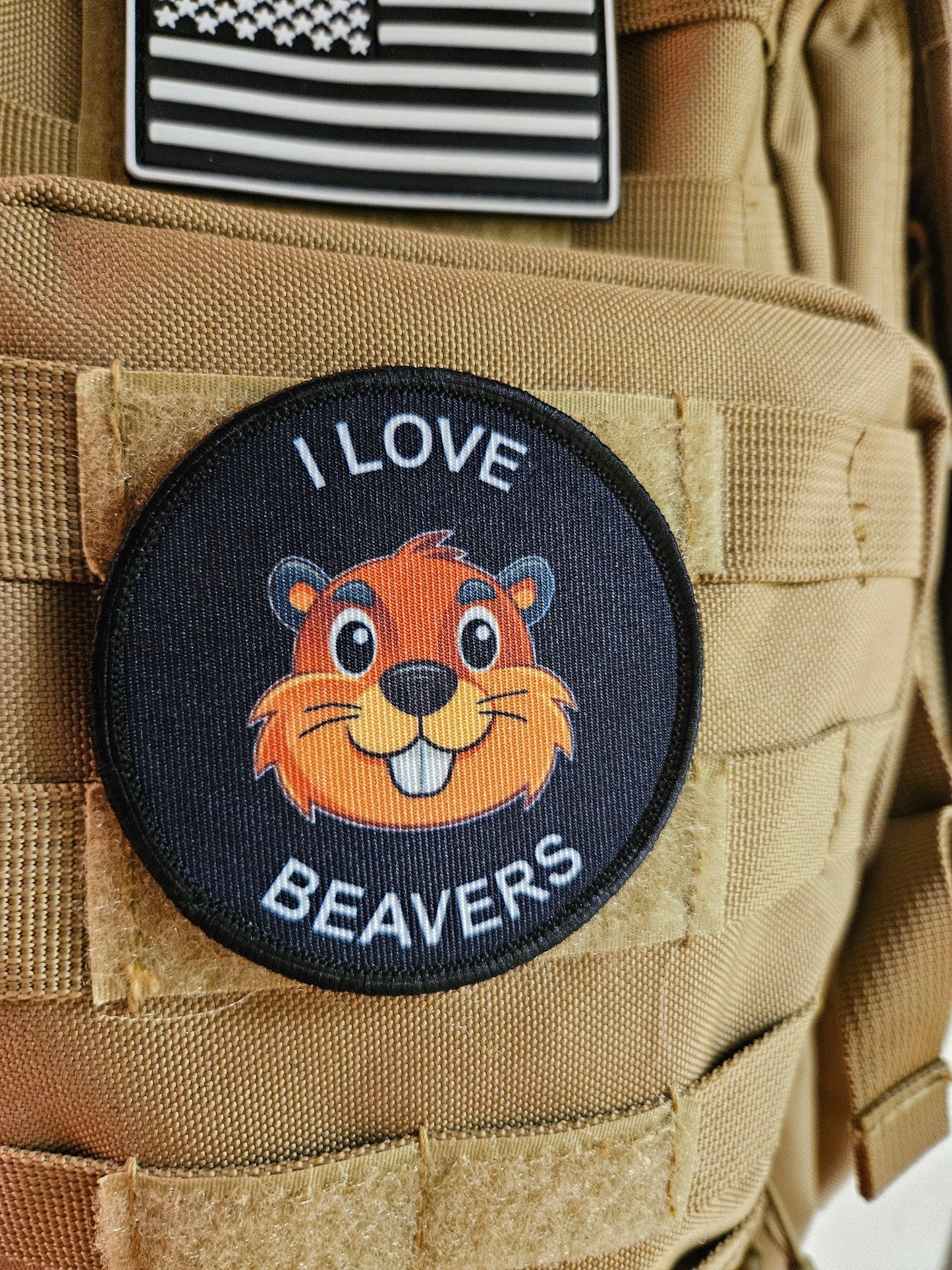 I love beavers meme 3" circle removable morale patch with hook and loop backing
