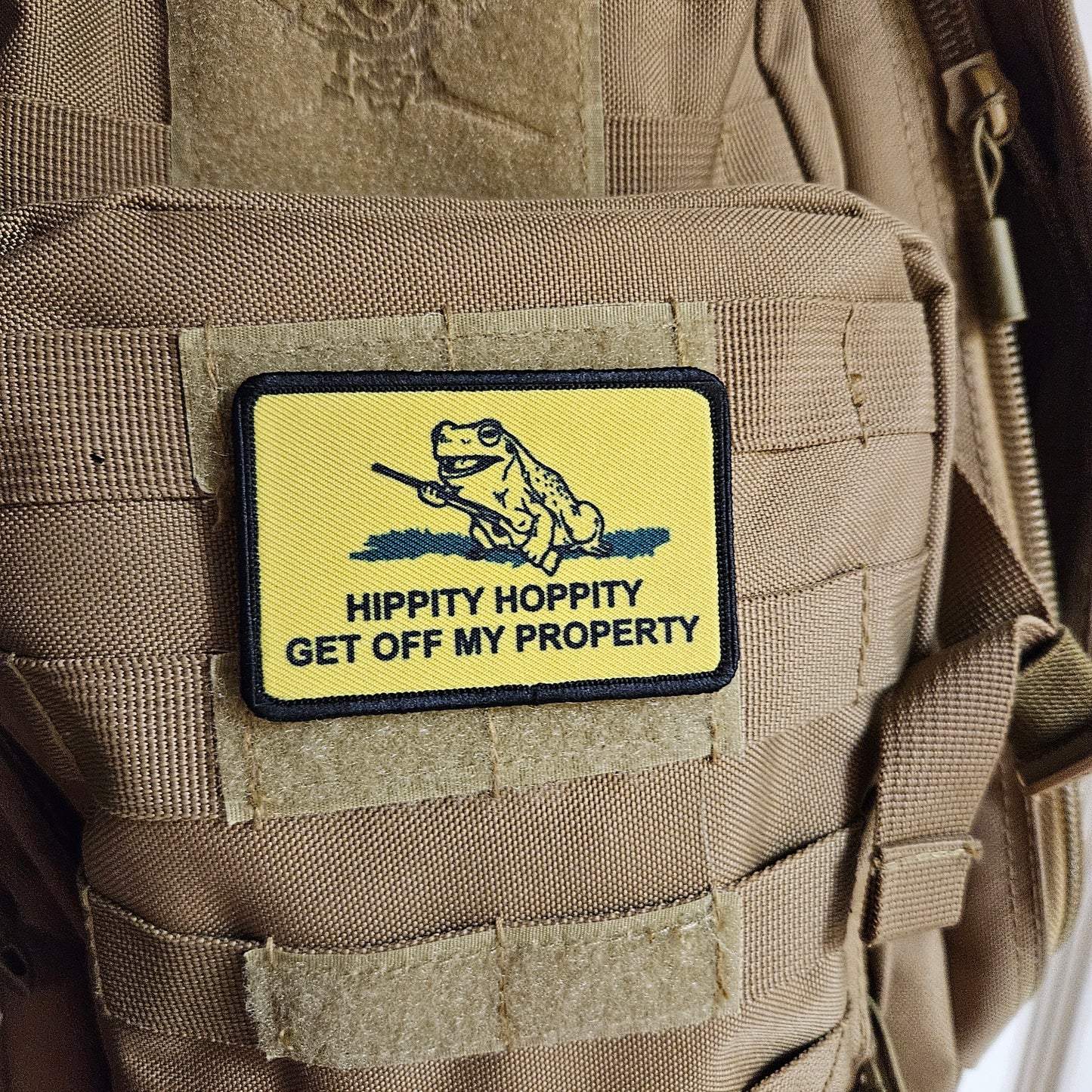 Hippity hoppity get off my property Gadsden flag meme 2"x3" removable morale patch with hook and loop backing