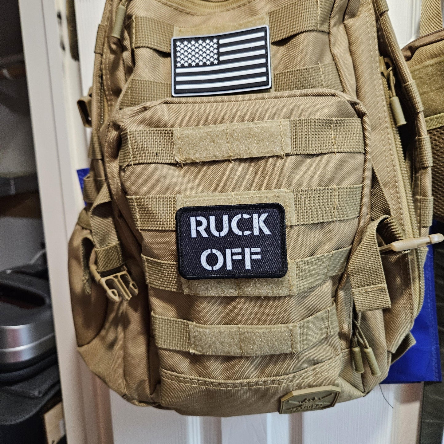 Ruck off rucksack joke removable patch 2"x3" morale patch with hook and loop backing BW