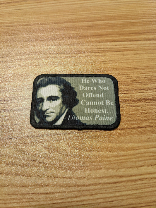 Thomas Paine he who does not offend 2"x3" morale patch with hook and loop backing green background