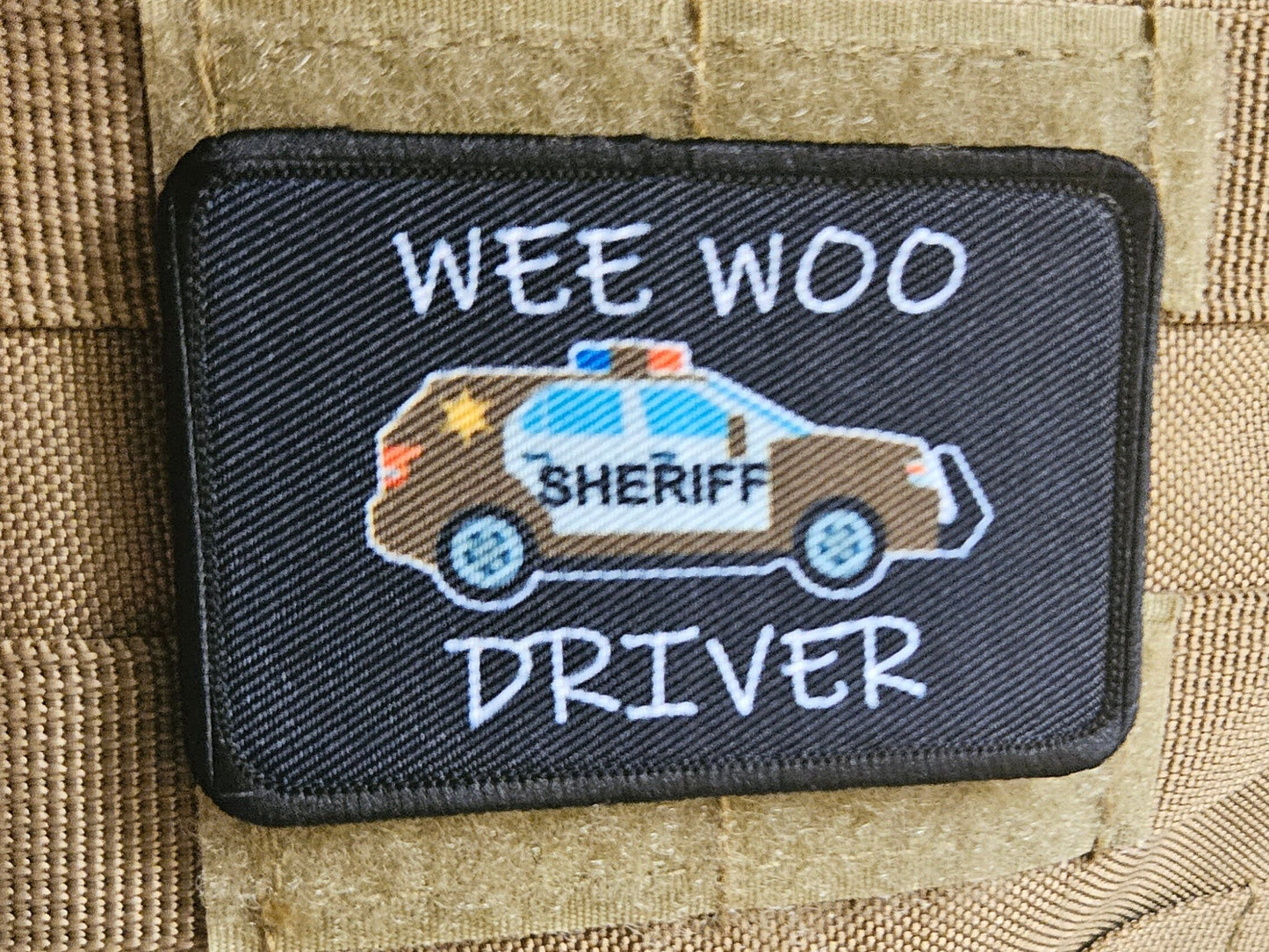 Wee woo driver sheriff SUV brown version driver funny 2"x3" removable morale patch with hook and loop backing