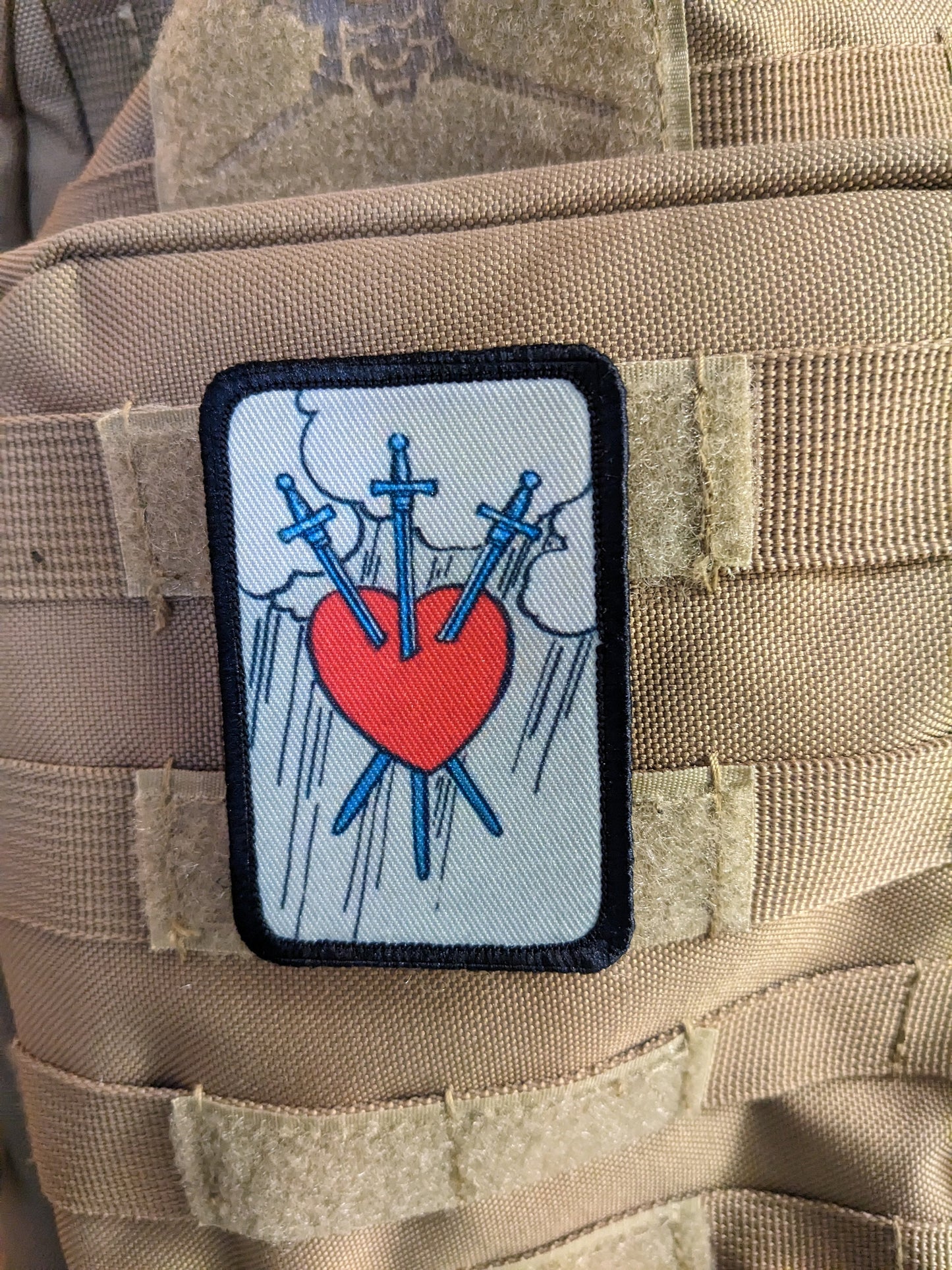 Three of swords tarot card special forces military  2"x3" morale patch with hook and loop backing