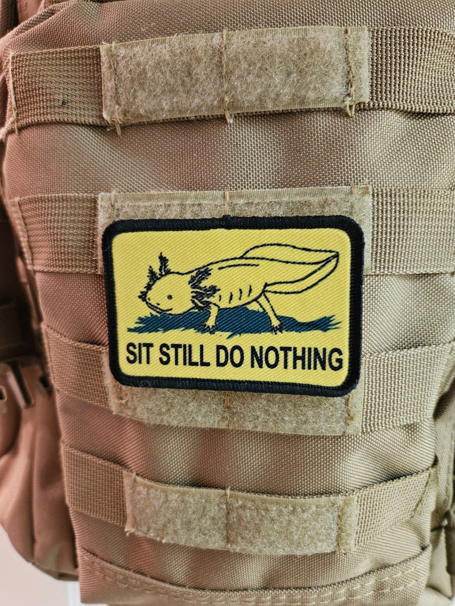 Gadsden flag parody axolotl  sit still do nothing 2"x3" morale patch with hook and loop backing