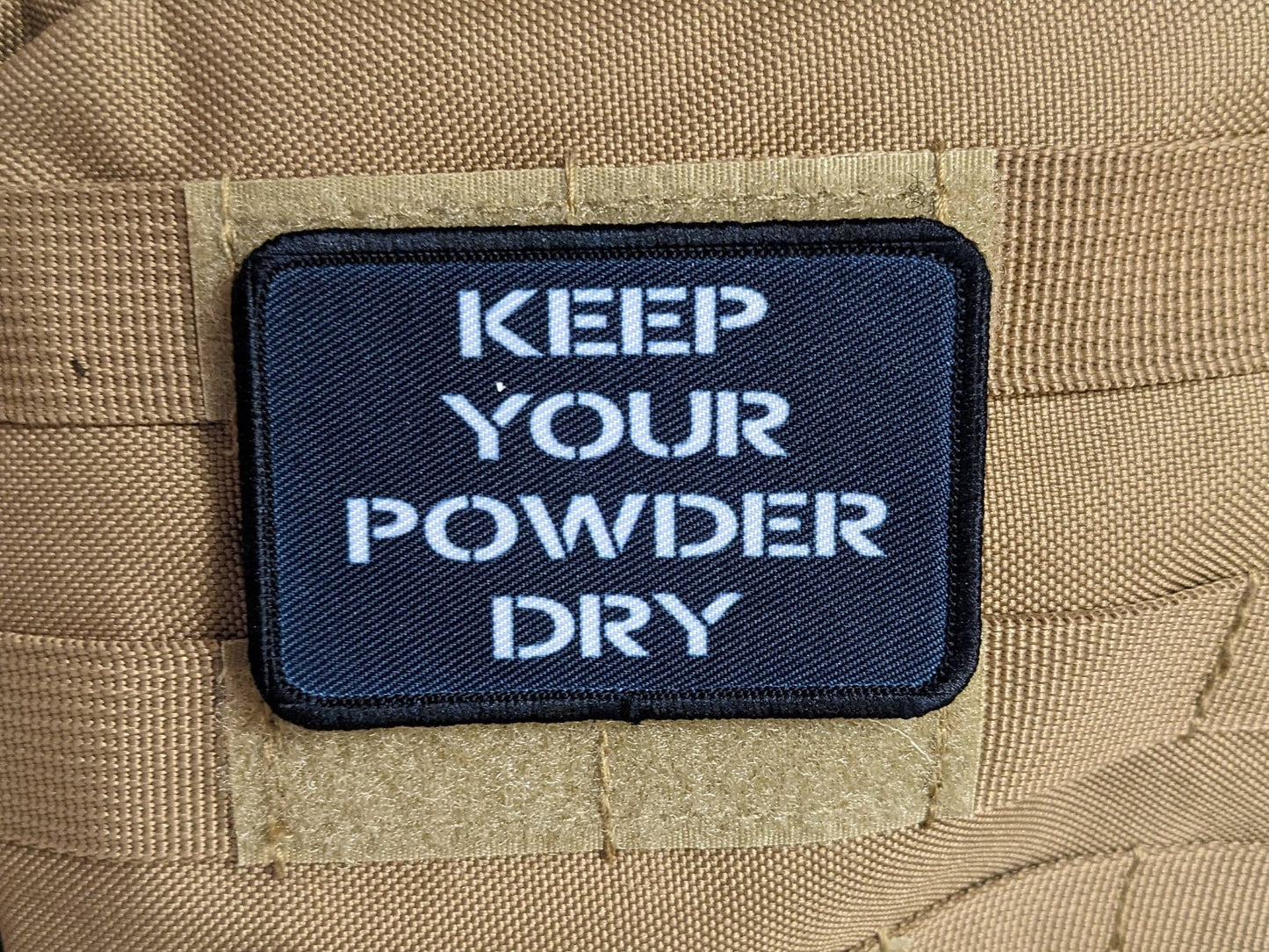 Keep your powder dry black 2"x3" morale patch with hook and loop backing military