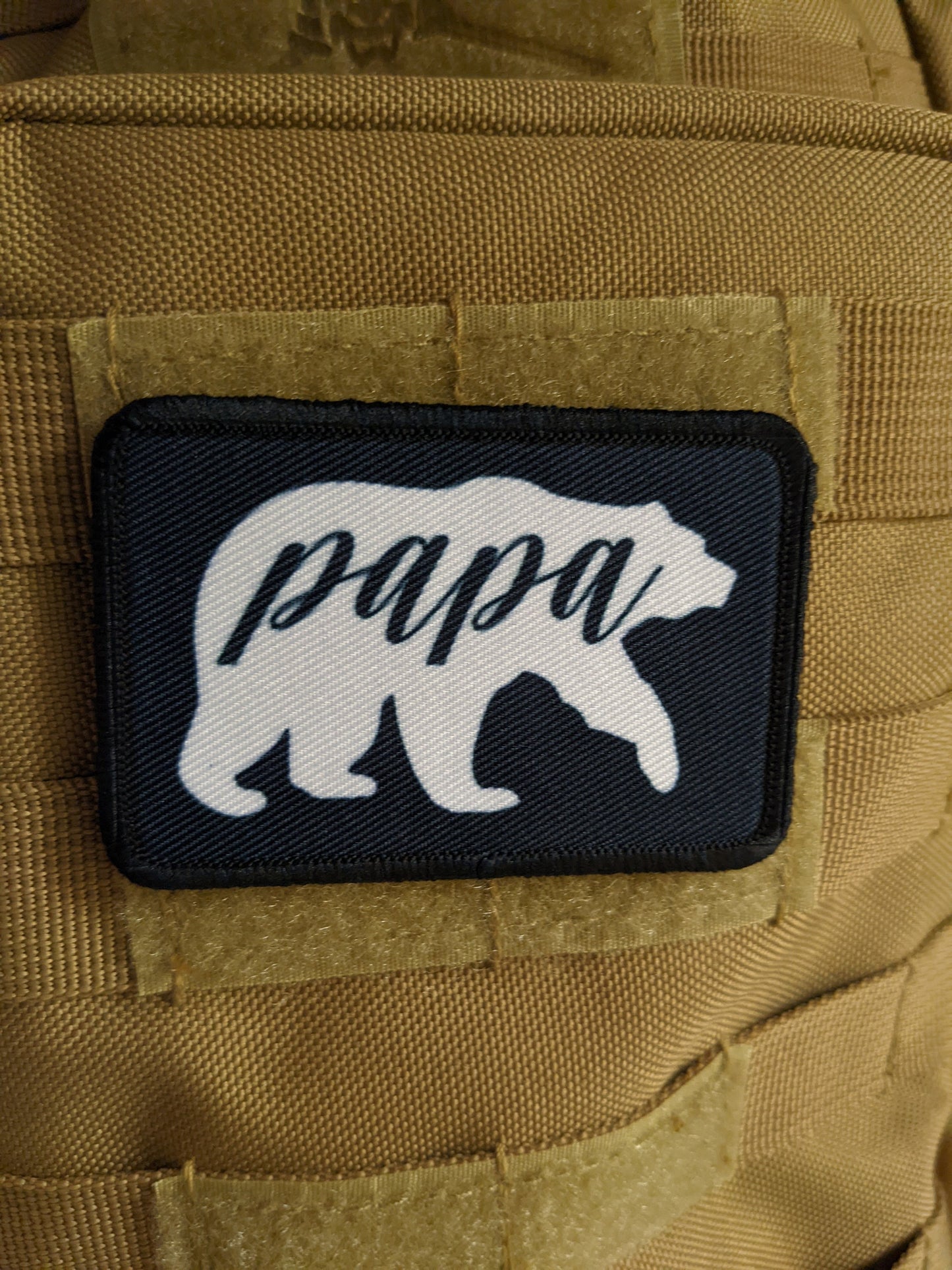 Papa Bear boy dad girl dad 2"x3" white morale patch with hook and loop backing
