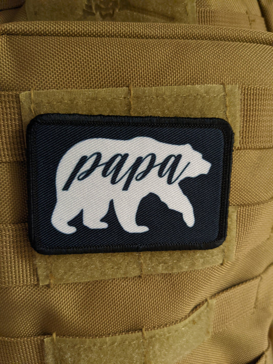Papa Bear boy dad girl dad 2"x3" white morale patch with hook and loop backing
