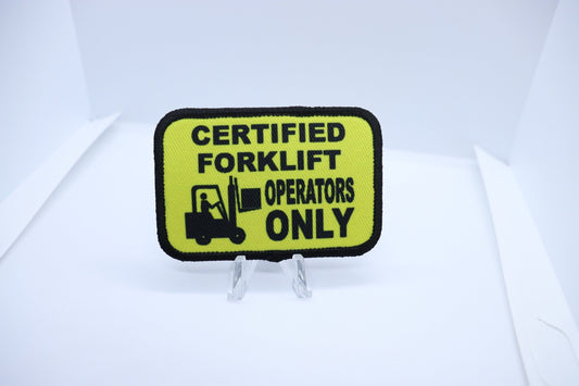 Certified Forklift operators only removable patch meme 2"x3" morale patch with hook and loop backing green background