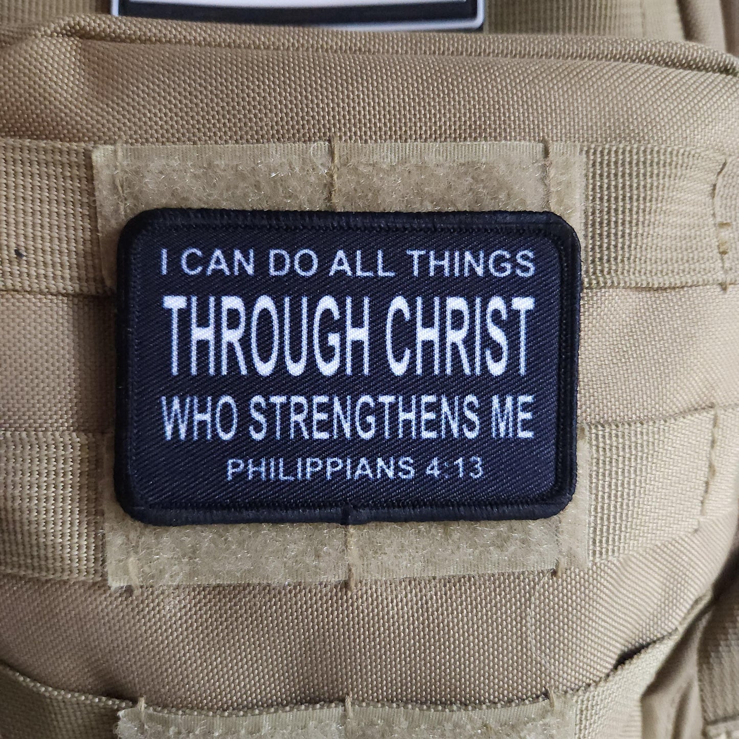 I can do all things Philippians 4:13 bible verse  2"x3" morale patch with hook and loop backing BW