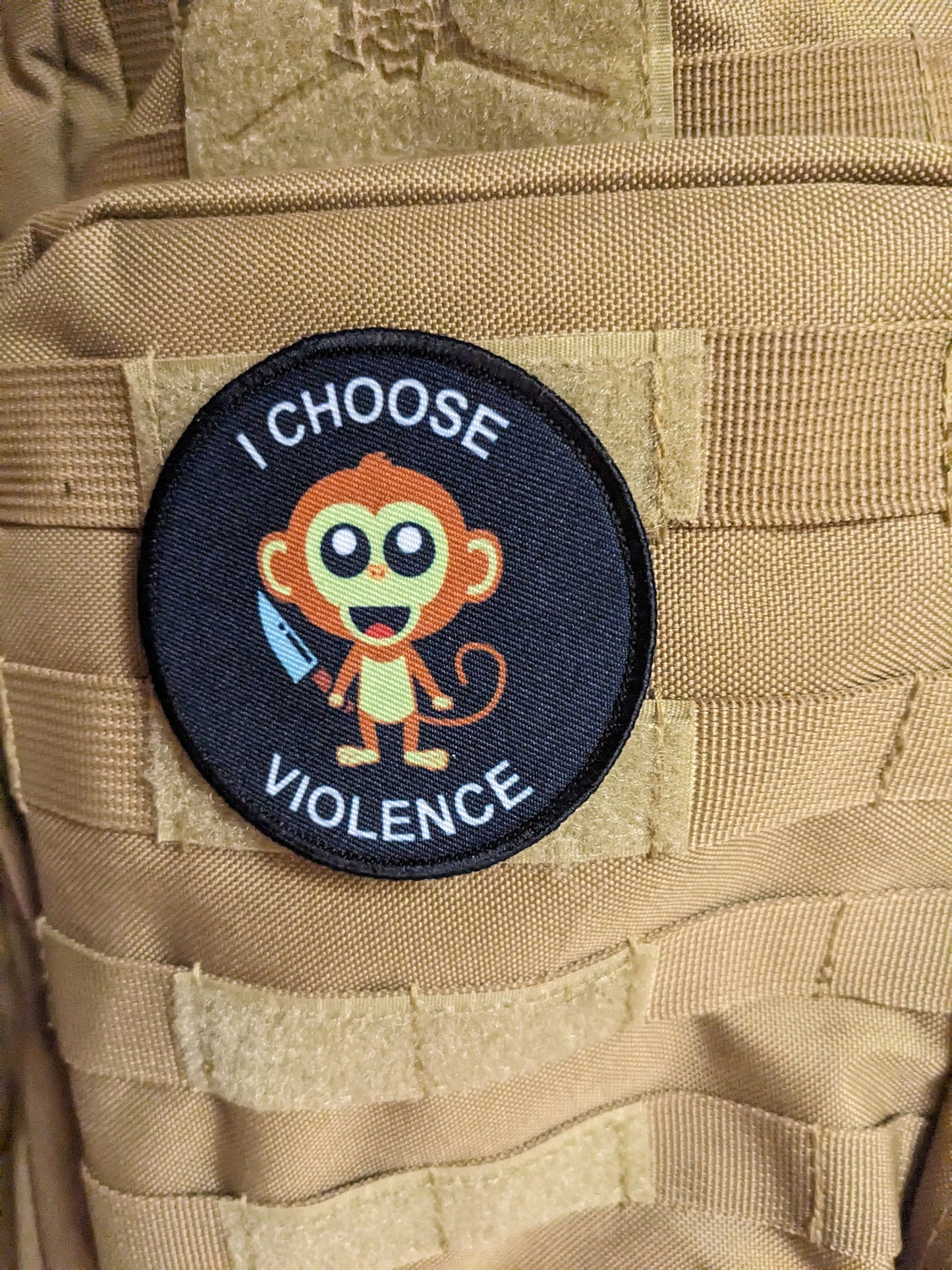 Cute monkey I choose violence meme 3" circle removable morale patch with hook and loop backing