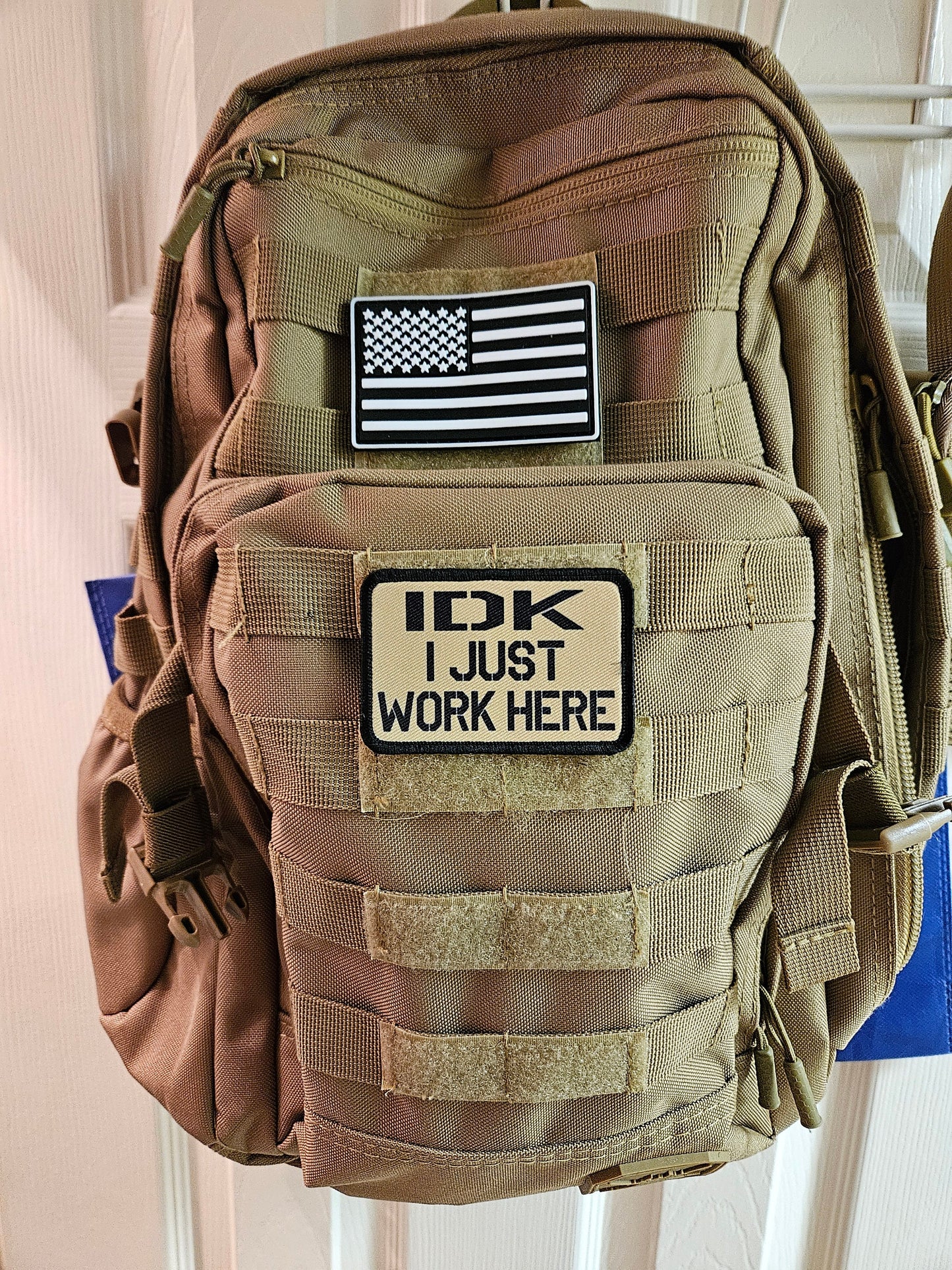 Idk i just work here funny meme edc tan  2"x3" morale patch with hook and loop backing military joke meme