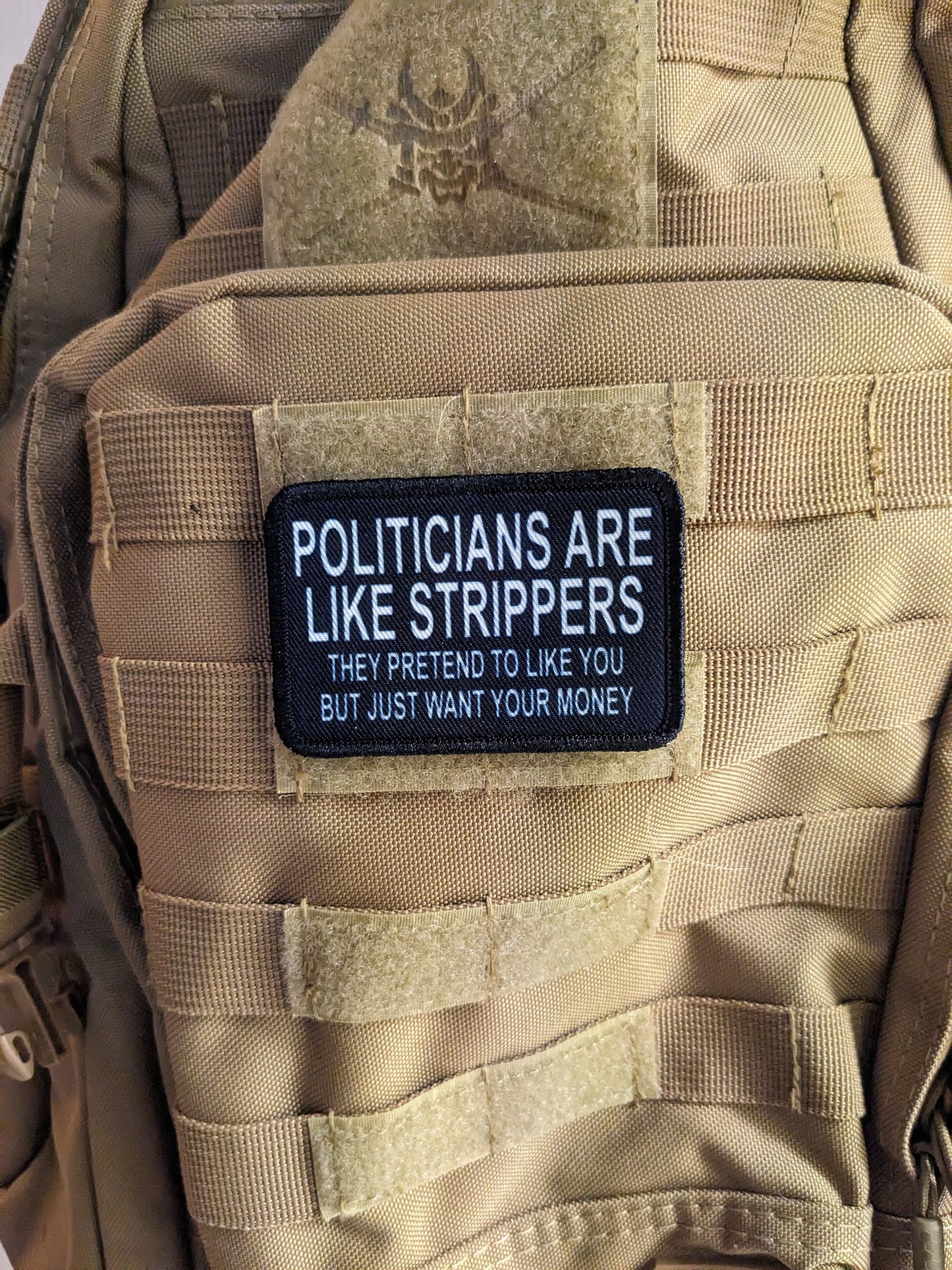 Politicians are like strippers meme 2"x3" morale patch with hook and loop backing