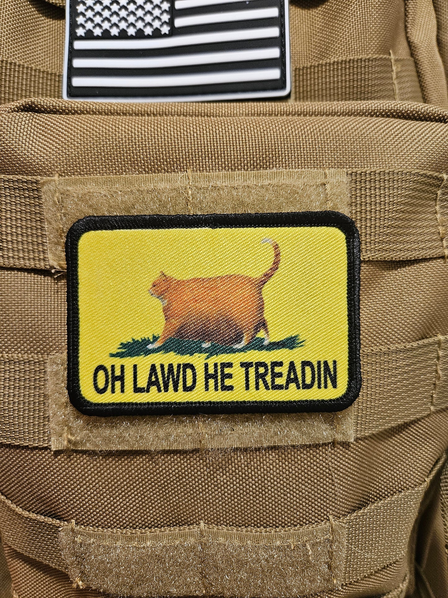 Oh lawd he treadin Gadsden flag meme 2"x3" removable morale patch with hook and loop backing