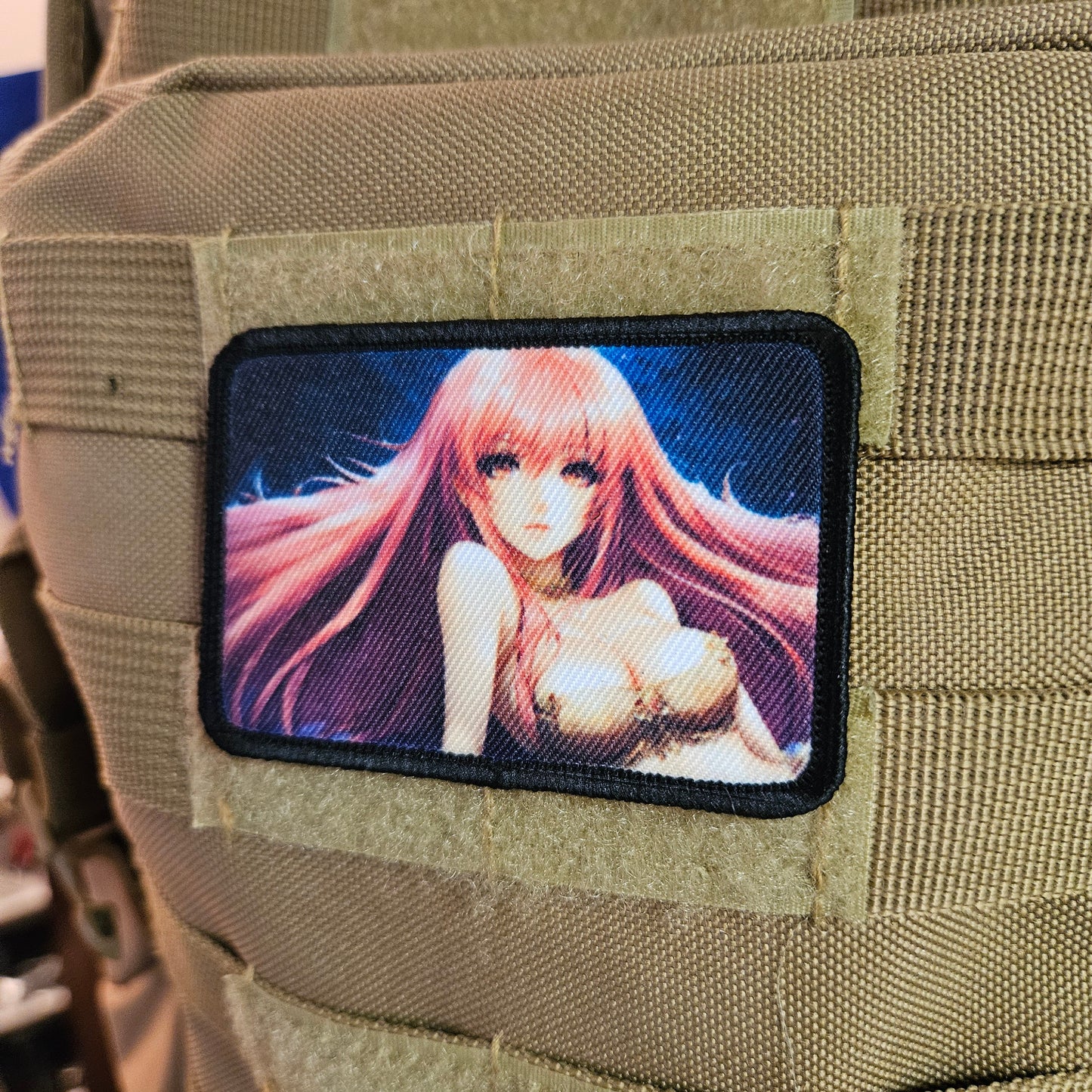 Long Pink hair waifu Sexy Anime girl cleavage bikini 2"x3"  removable morale patch with hook and loop backing