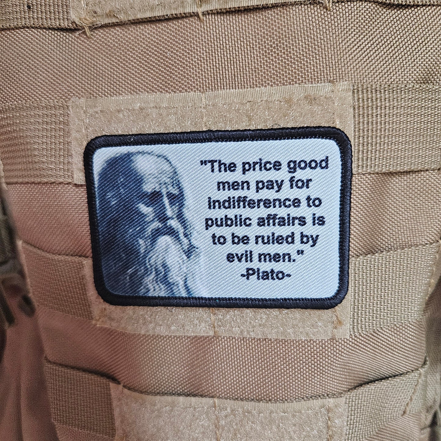 Plato the price good men pay for indifference 2"x3" removable morale patch with hook and loop backing