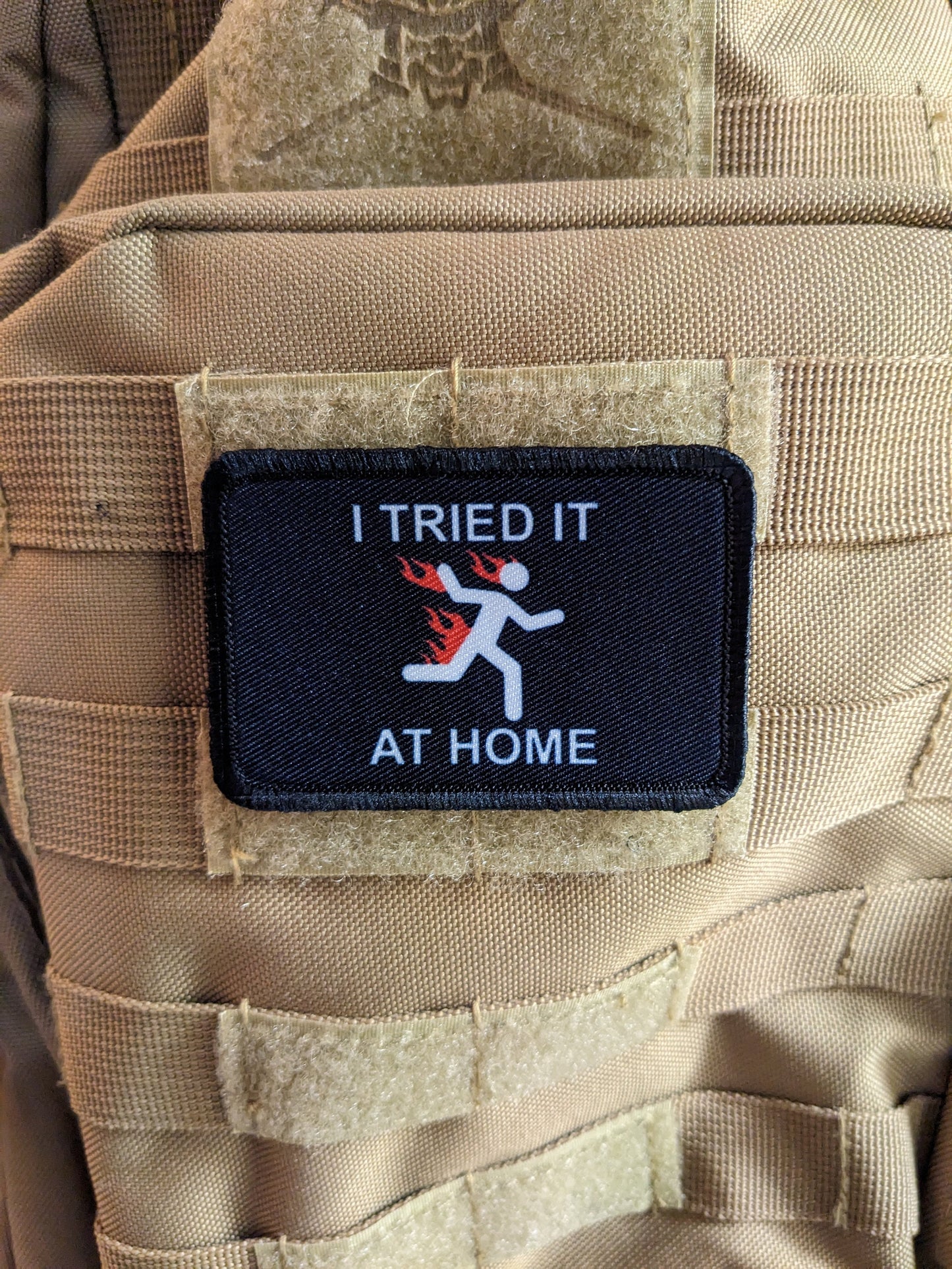 Don't try this at home joke meme  2"x3" morale patch with hook and loop backing